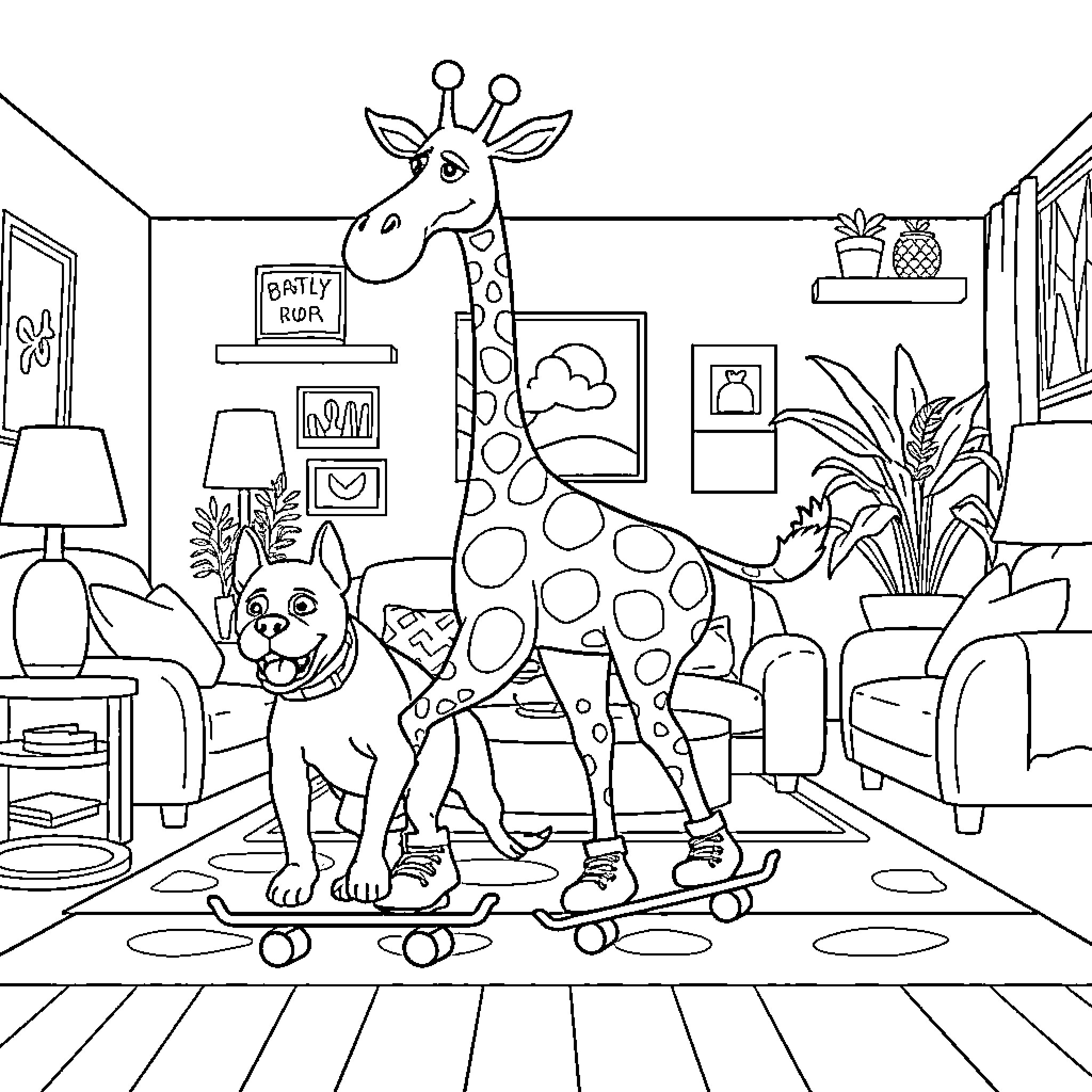 Giraffe and Dog Skateboarding in Cozy Room Coloring Page (free black-and-white line drawing printable PDF for all, from beginners to advanced learners, including children, teens, adults, and seniors)