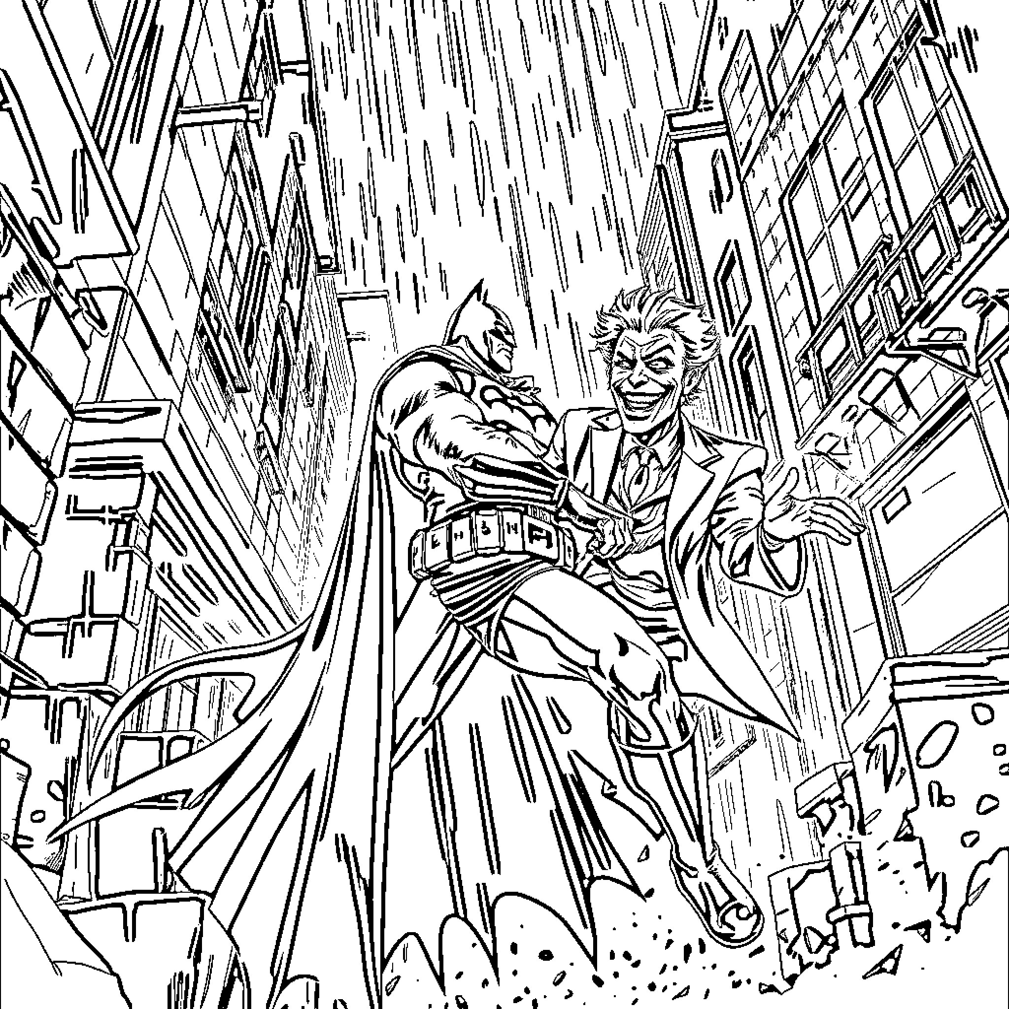 Batman battling the Joker in a rainy Gotham City Coloring Page (free black-and-white line drawing printable PDF for all, from beginners to advanced learners, including children, teens, adults, and seniors)