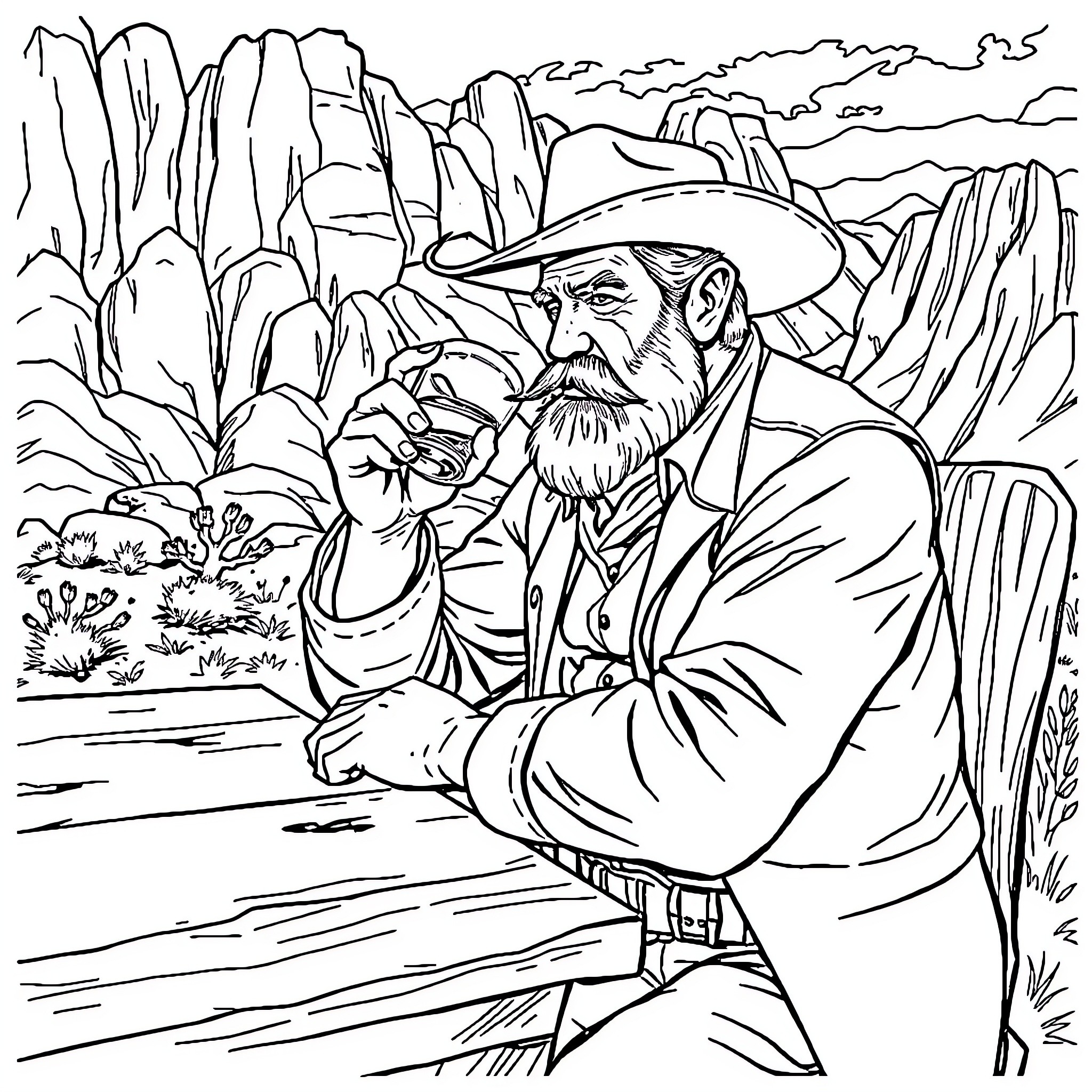 Arthur Morgan exploring the rugged wilderness Coloring Page (free black-and-white line drawing printable PDF for all, from beginners to advanced learners, including children, teens, adults, and seniors)