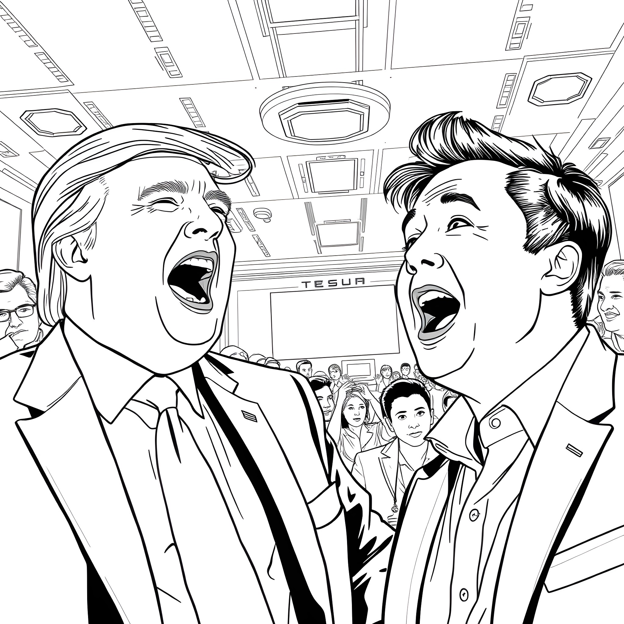 Trump and an aide expressing excitement in an office setting Coloring Page (free black-and-white line drawing printable PDF for all, from beginners to advanced learners, including children, teens, adults, and seniors)