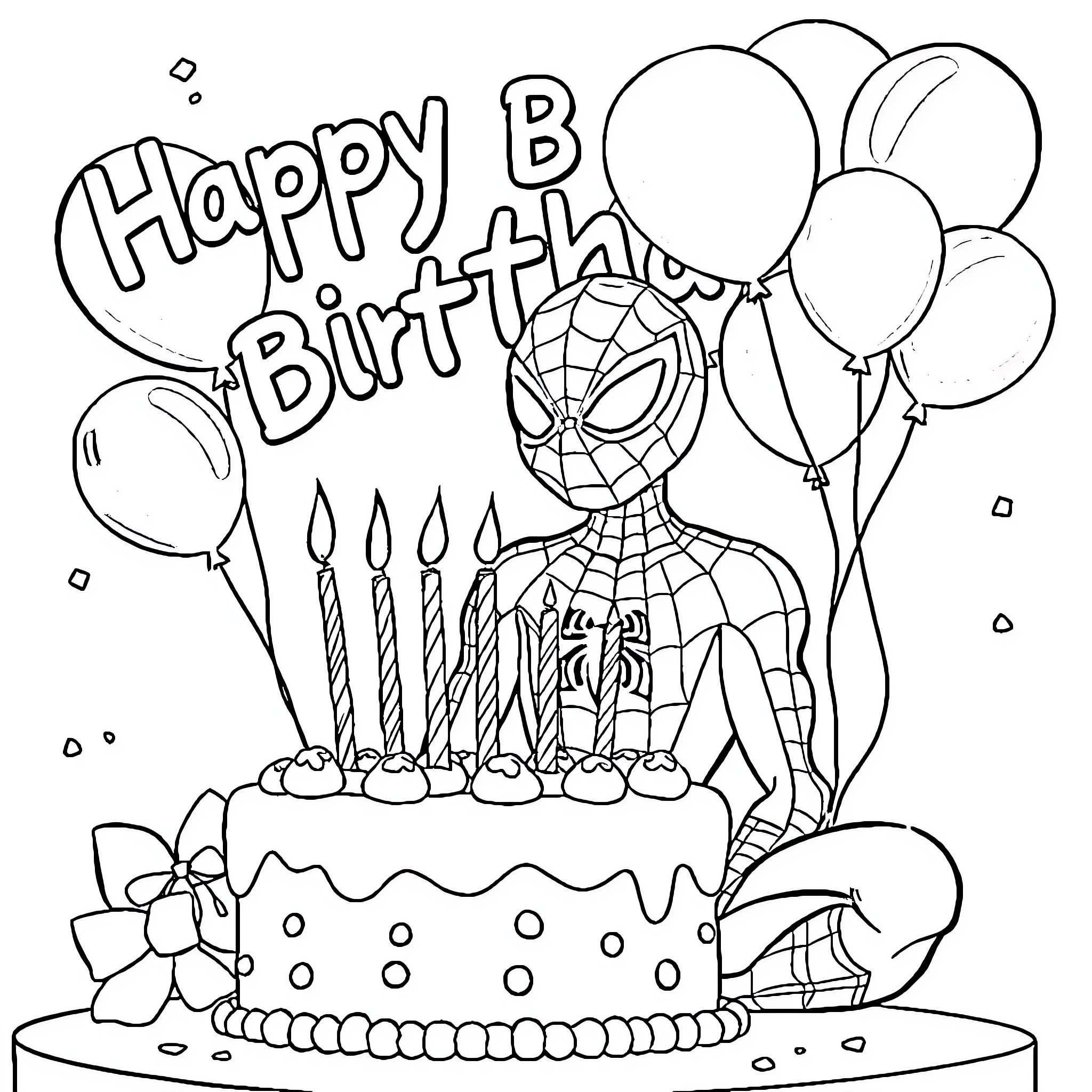 Spider-Man celebrating a happy birthday with cake and balloons Coloring Page (free black-and-white line drawing printable PDF for all, from beginners to advanced learners, including children, teens, adults, and seniors)