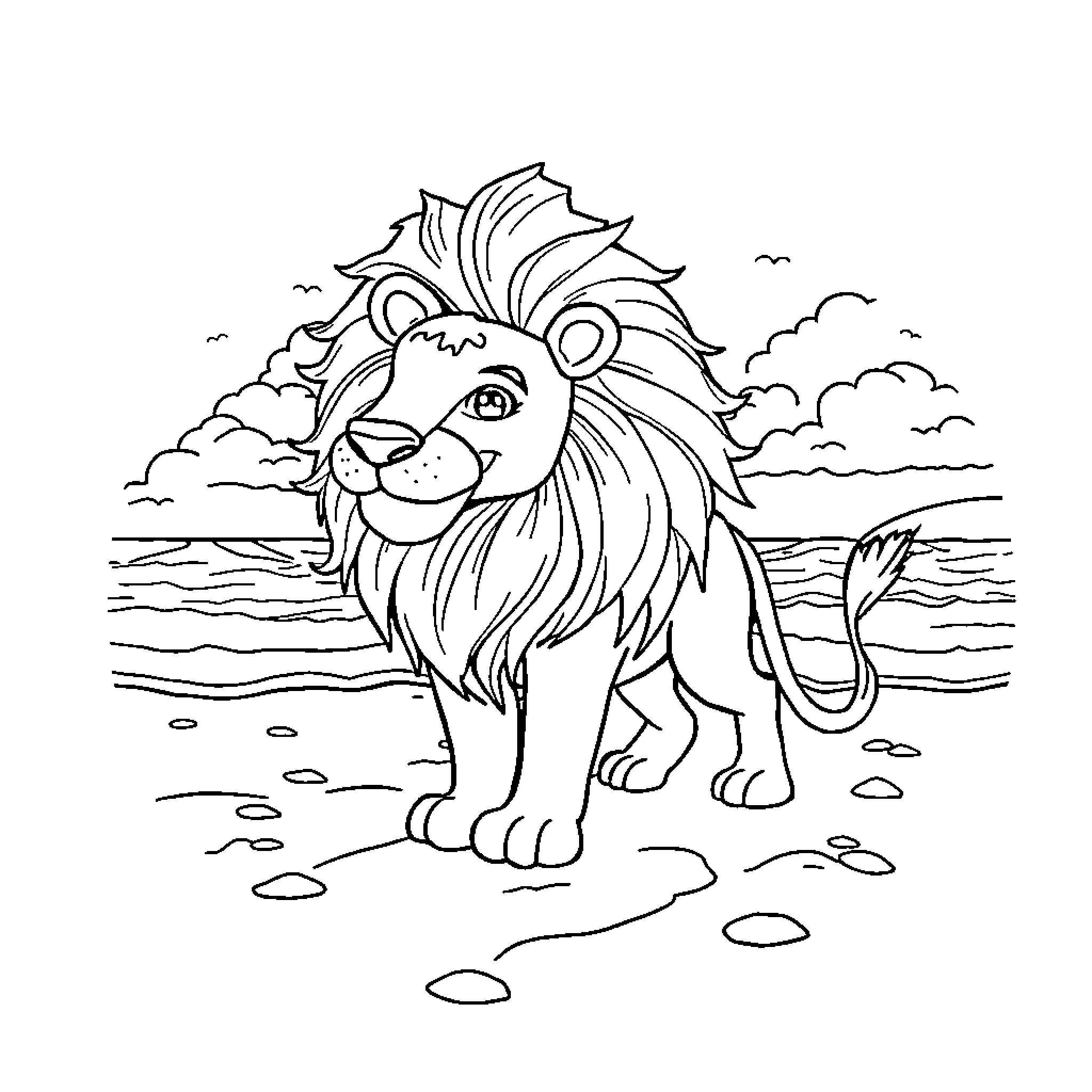 Camion lion standing proudly on the beach Coloring Page (free black-and-white line drawing printable PDF for all, from beginners to advanced learners, including children, teens, adults, and seniors)
