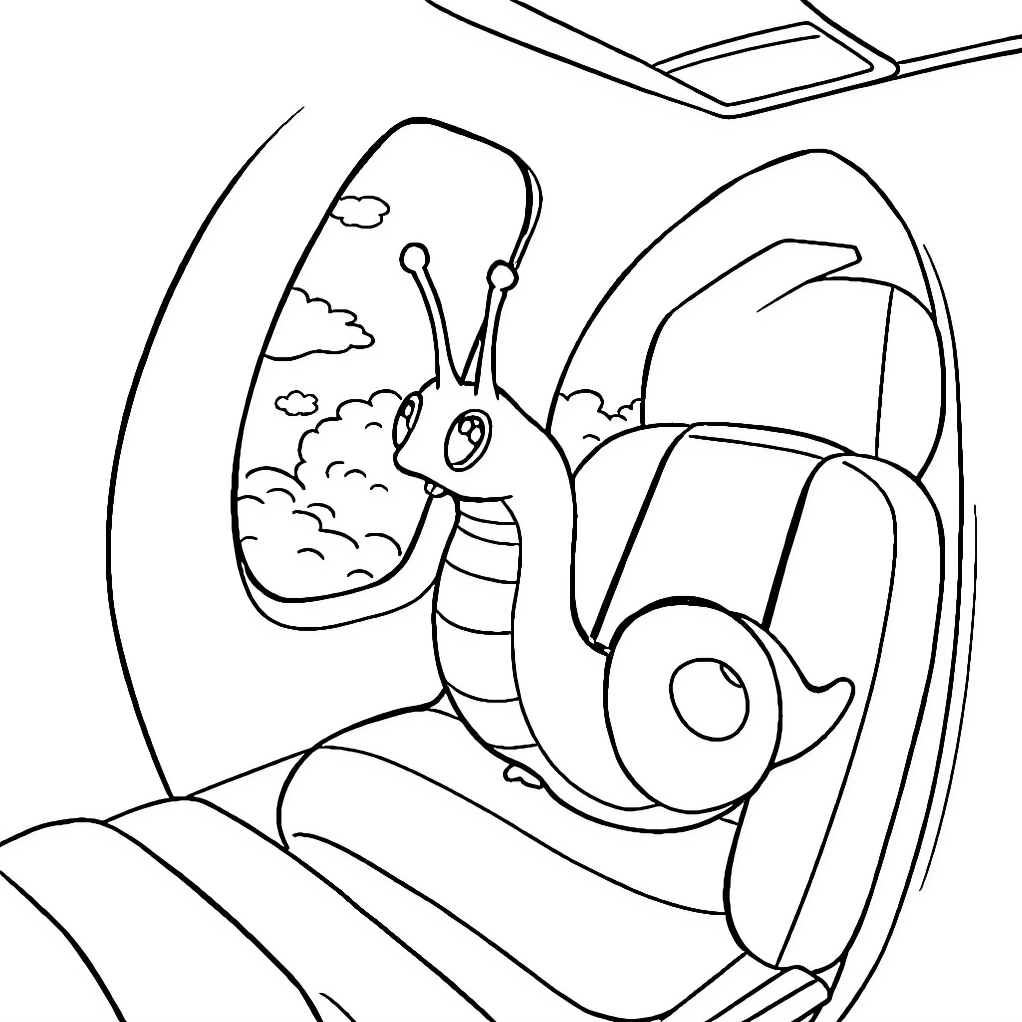 Escargot exploring the car interior Coloring Page (free black-and-white line drawing printable PDF for all, from beginners to advanced learners, including children, teens, adults, and seniors)