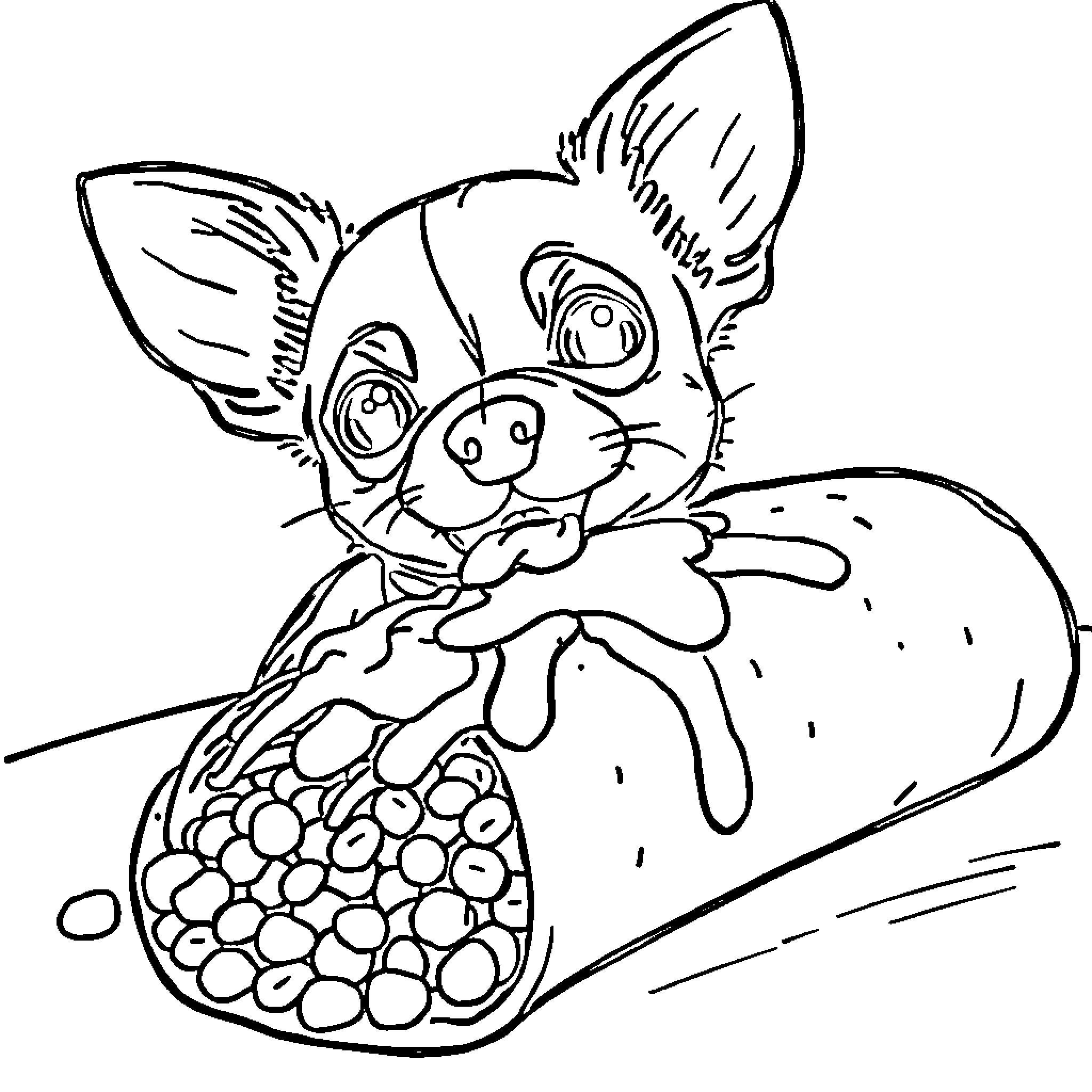 Chihuahua enjoying a tasty treat Coloring Page (free black-and-white line drawing printable PDF for all, from beginners to advanced learners, including children, teens, adults, and seniors)