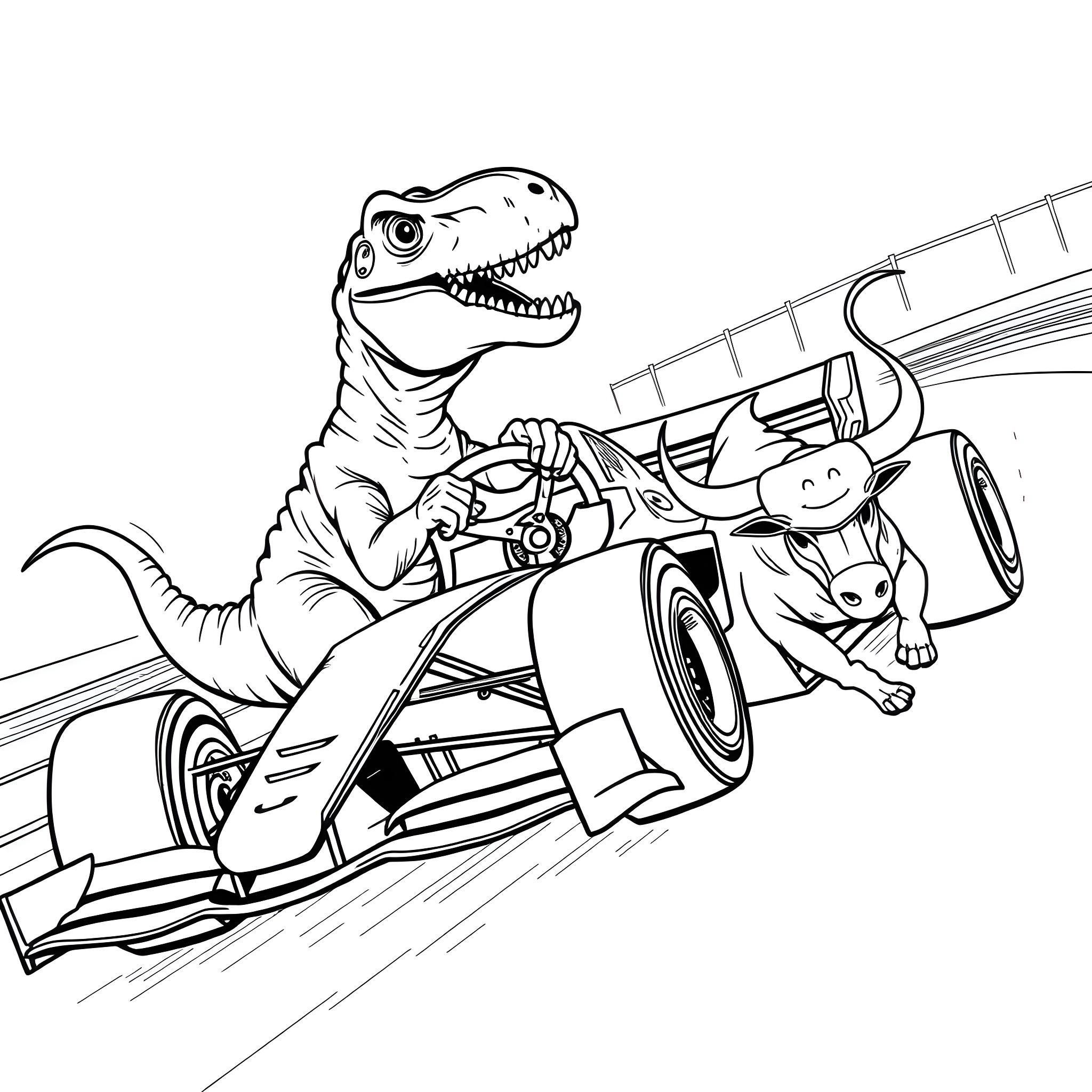 Dinosaur racing in a futuristic vehicle Coloring Page (free black-and-white line drawing printable PDF for all, from beginners to advanced learners, including children, teens, adults, and seniors)