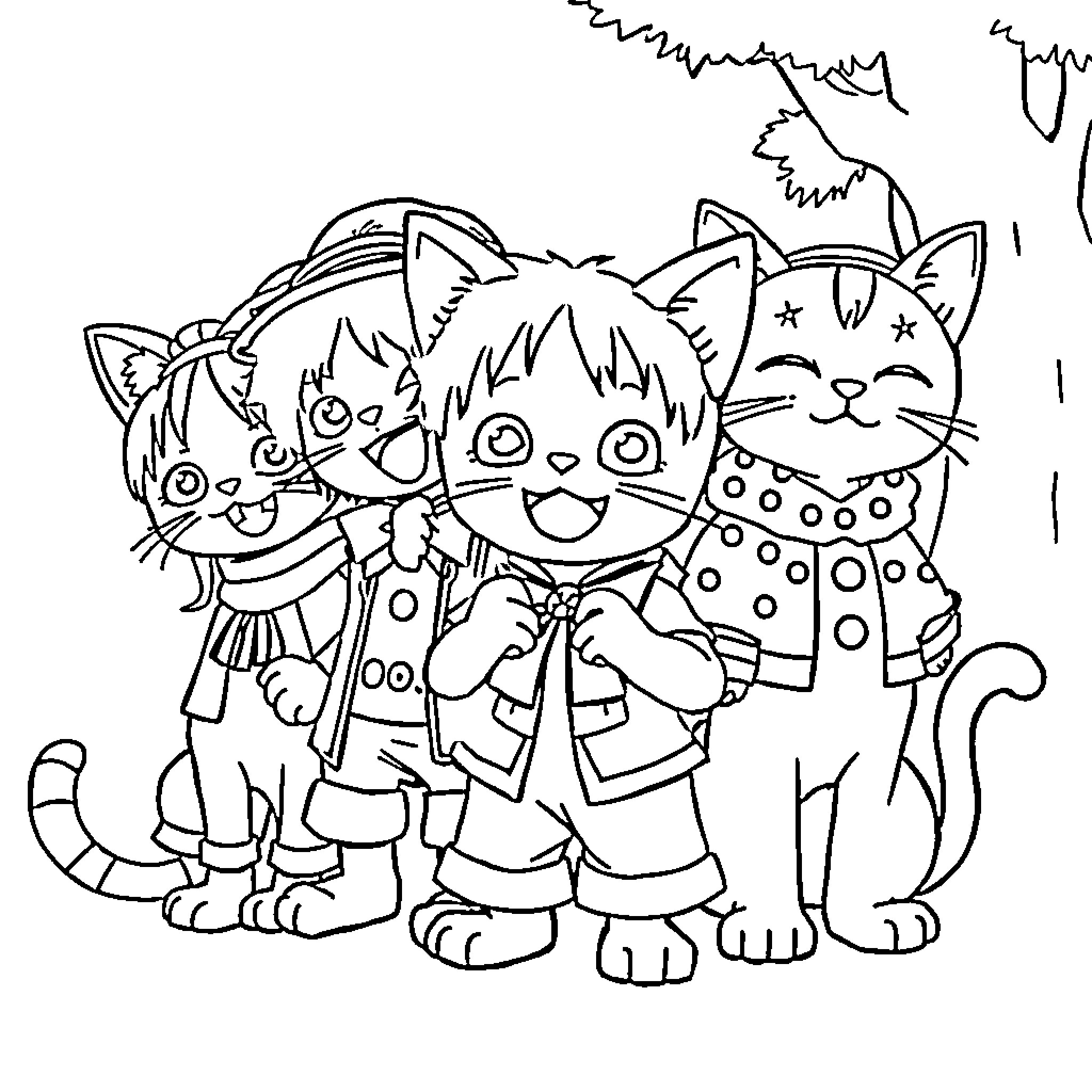 One Piece Cats in Colorful Costumes Coloring Page (free black-and-white line drawing printable PDF for all, from beginners to advanced learners, including children, teens, adults, and seniors)