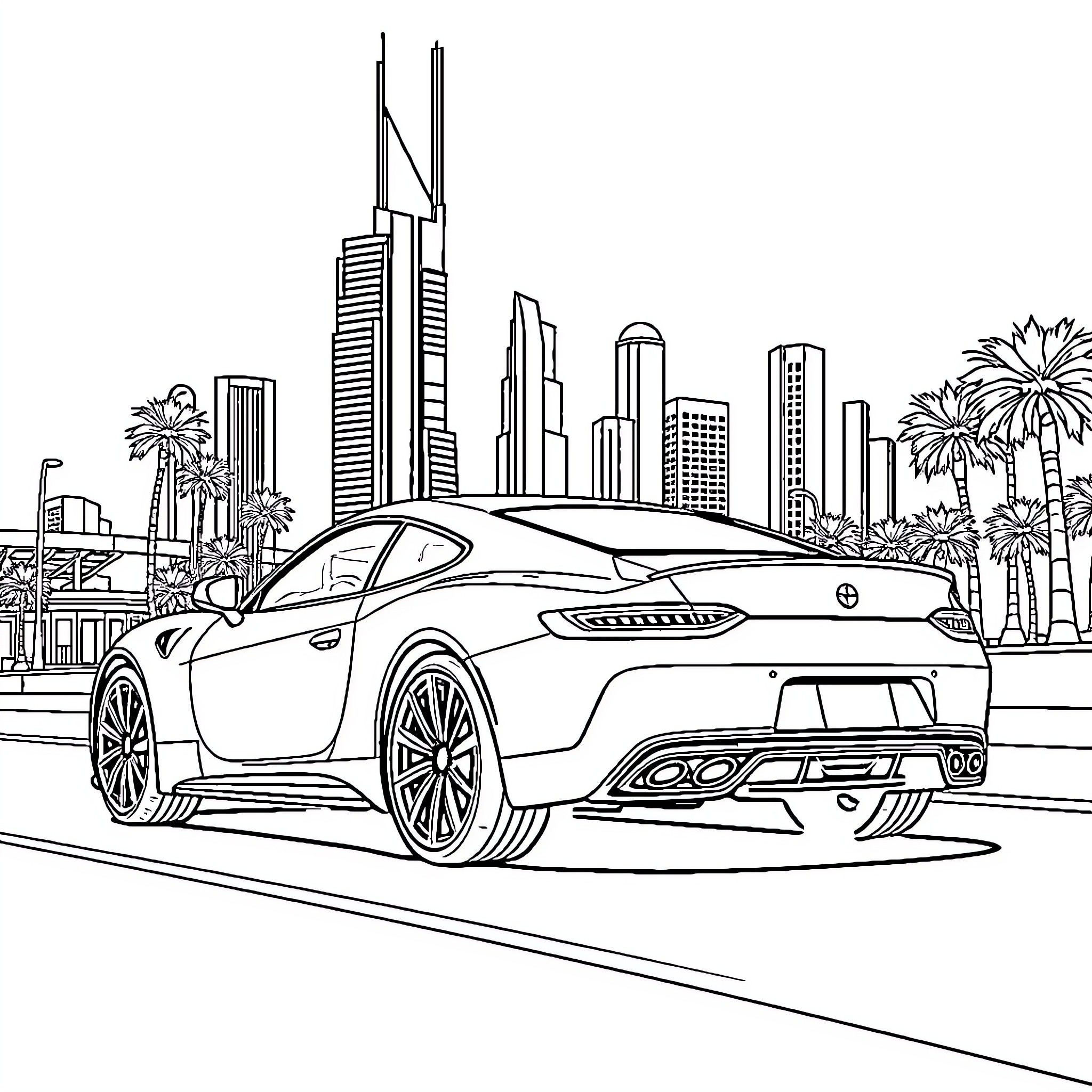 Car driving through modern city with skyscrapers Coloring Page (free black-and-white line drawing printable PDF for all, from beginners to advanced learners, including children, teens, adults, and seniors)