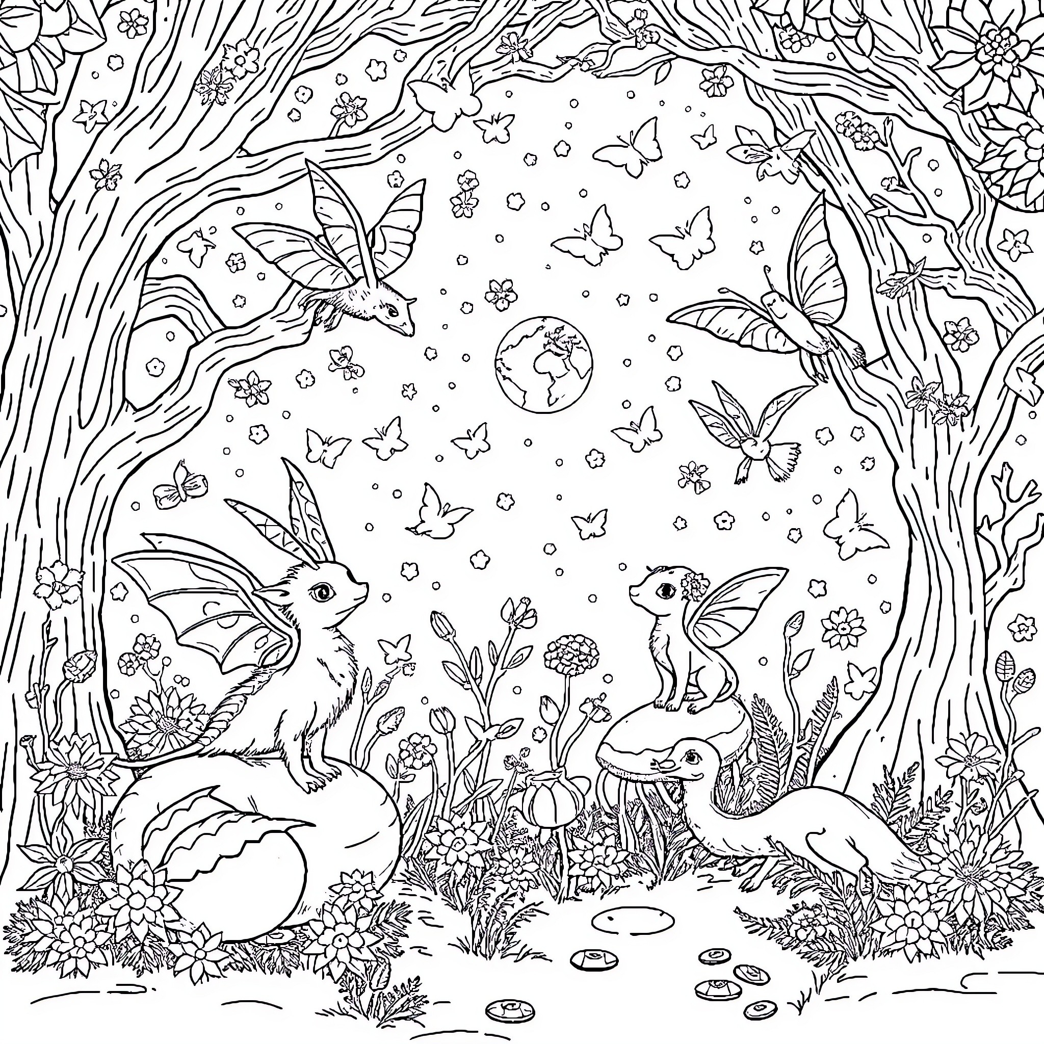 Fairy forest scene with woodland creatures and butterflies Coloring Page (free black-and-white line drawing printable PDF for all, from beginners to advanced learners, including children, teens, adults, and seniors)