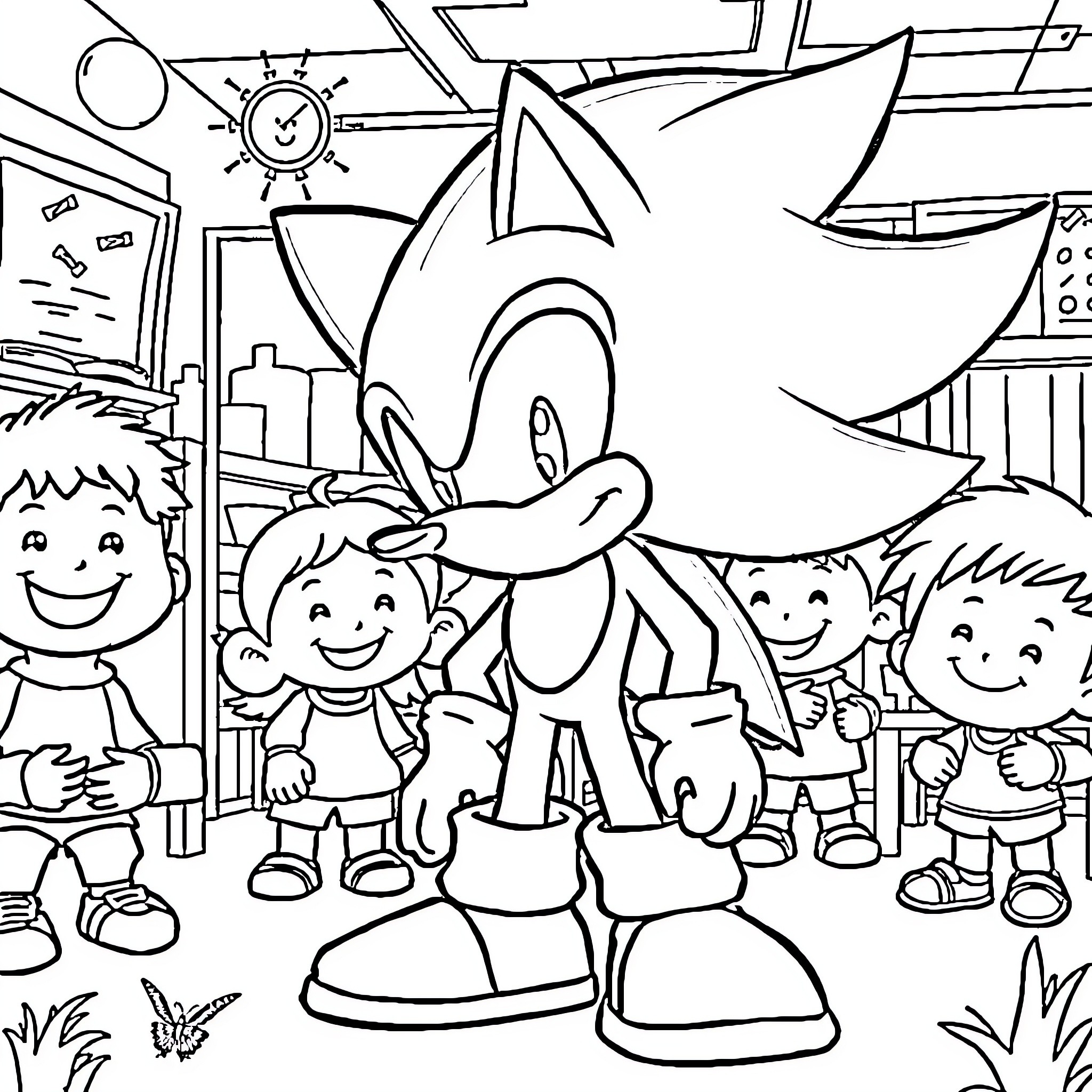 Shadow of cartoon characters playing together Coloring Page (free black-and-white line drawing printable PDF for all, from beginners to advanced learners, including children, teens, adults, and seniors)
