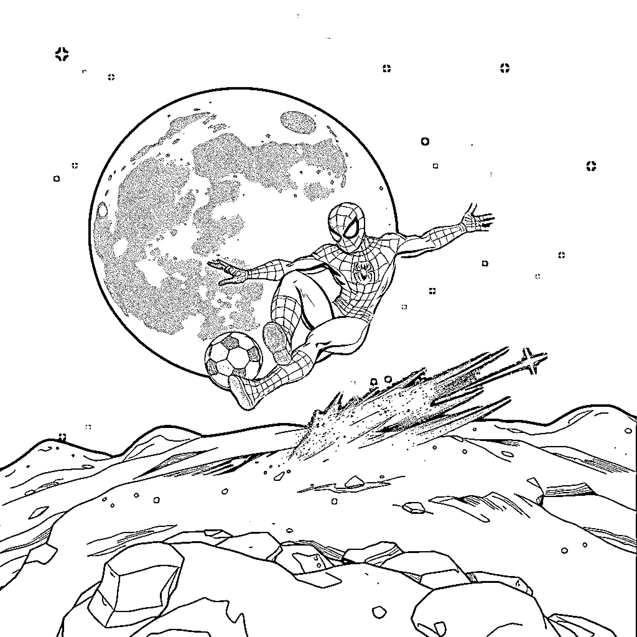 Spiderman swinging through the night sky Coloring Page (free black-and-white line drawing printable PDF for all, from beginners to advanced learners, including children, teens, adults, and seniors)