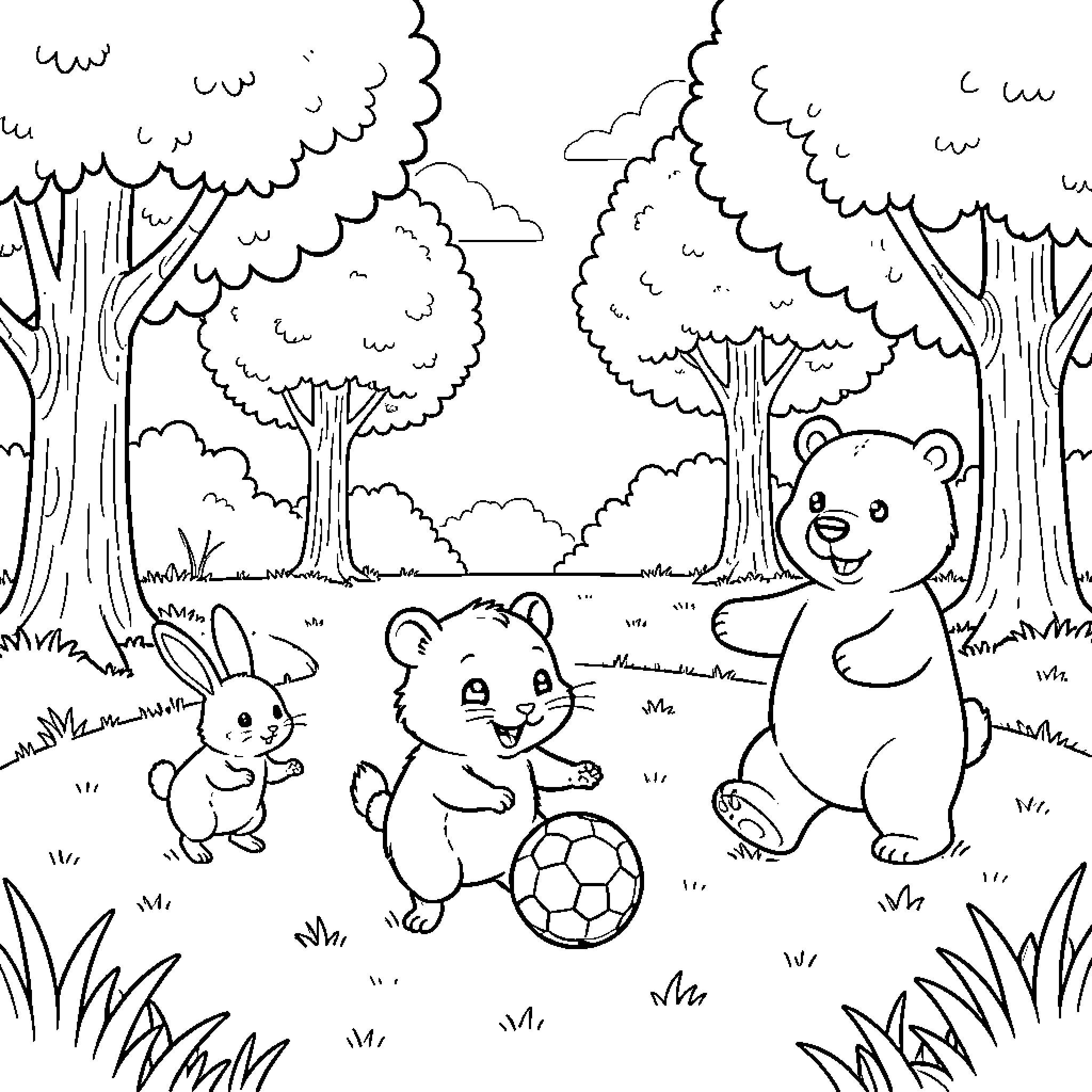 Hamster and friends playing soccer in the forest Coloring Page (free black-and-white line drawing printable PDF for all, from beginners to advanced learners, including children, teens, adults, and seniors)