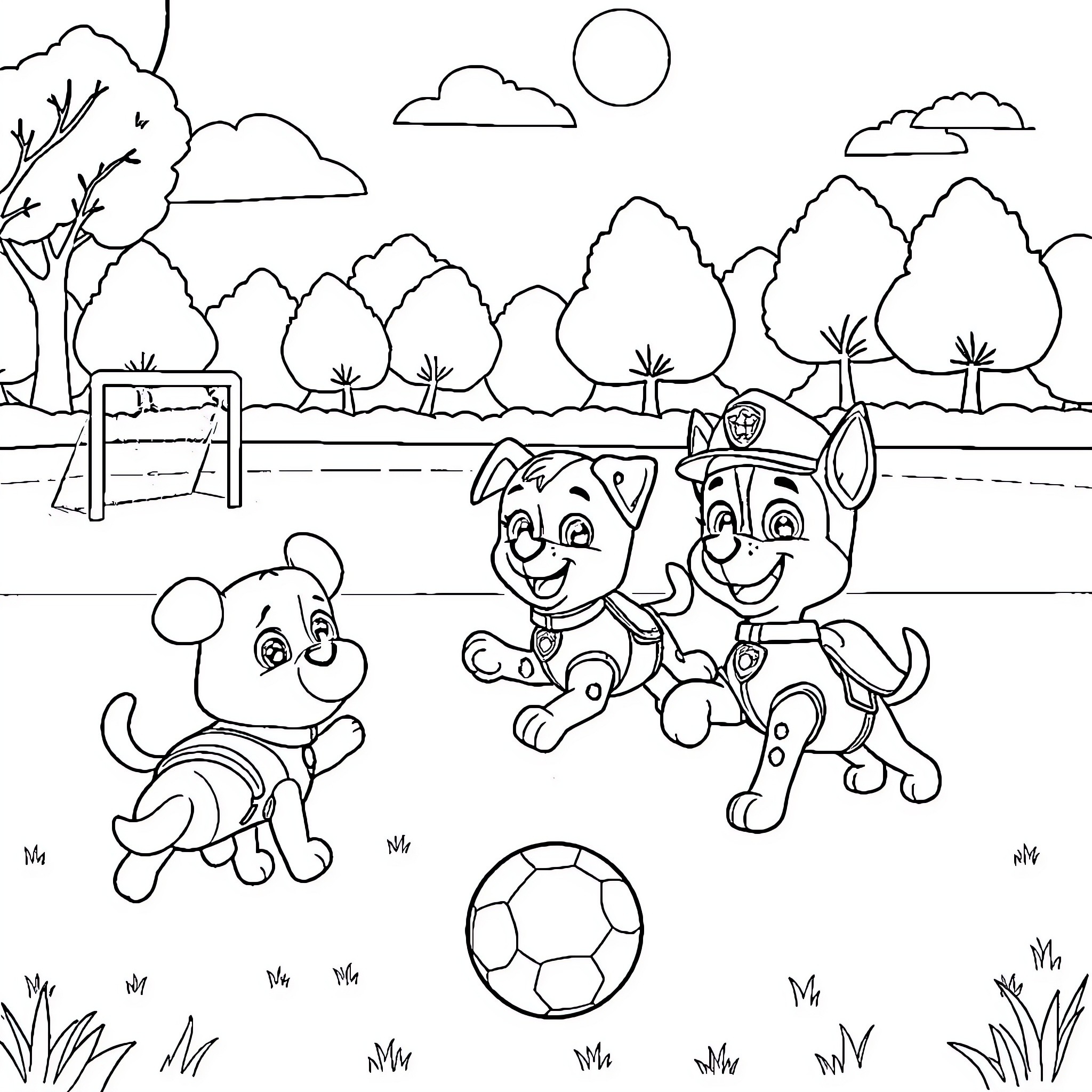 Paw Patrol pups playing soccer in the park Coloring Page (free black-and-white line drawing printable PDF for all, from beginners to advanced learners, including children, teens, adults, and seniors)