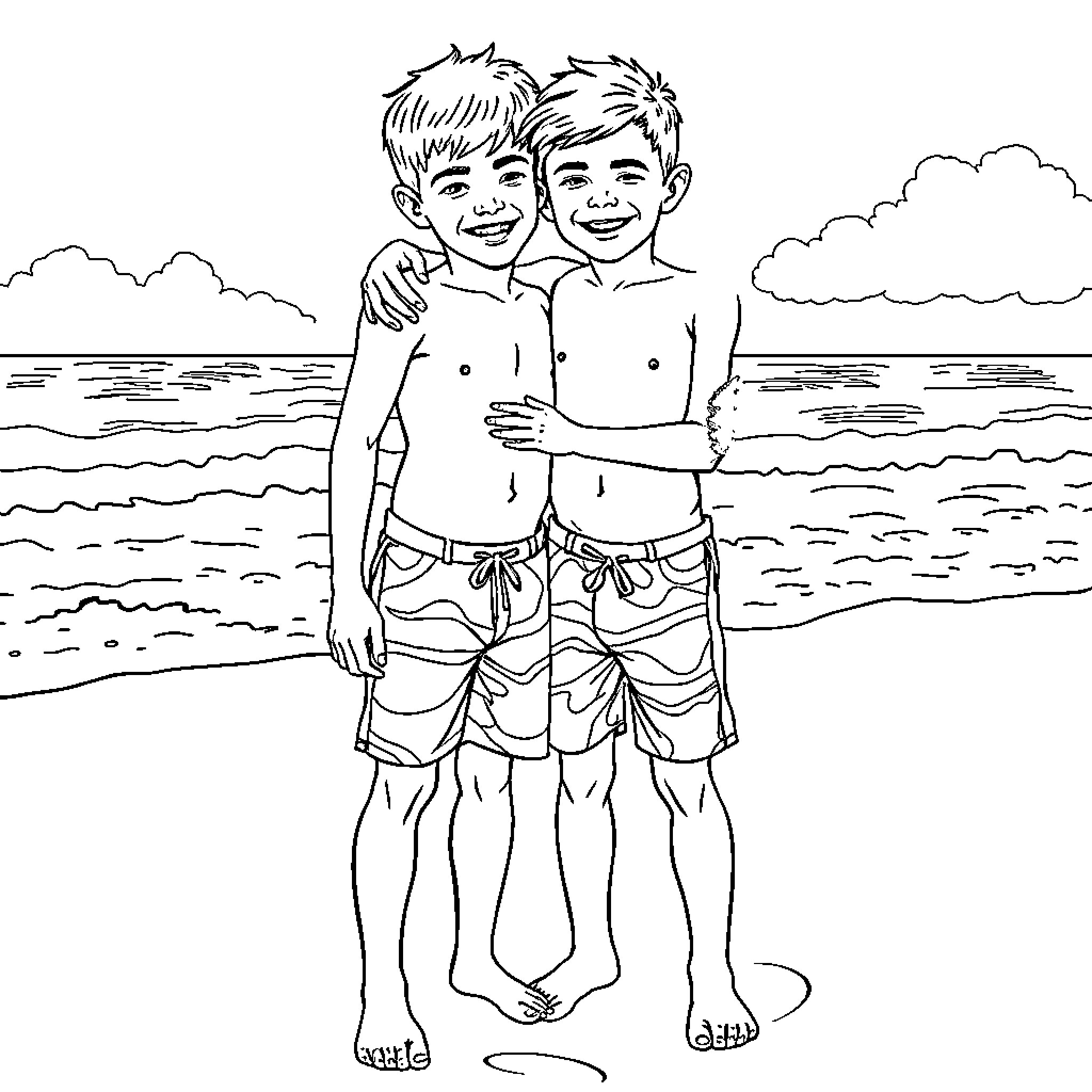 Boy friends enjoying beach day together Coloring Page (free black-and-white line drawing printable PDF for all, from beginners to advanced learners, including children, teens, adults, and seniors)
