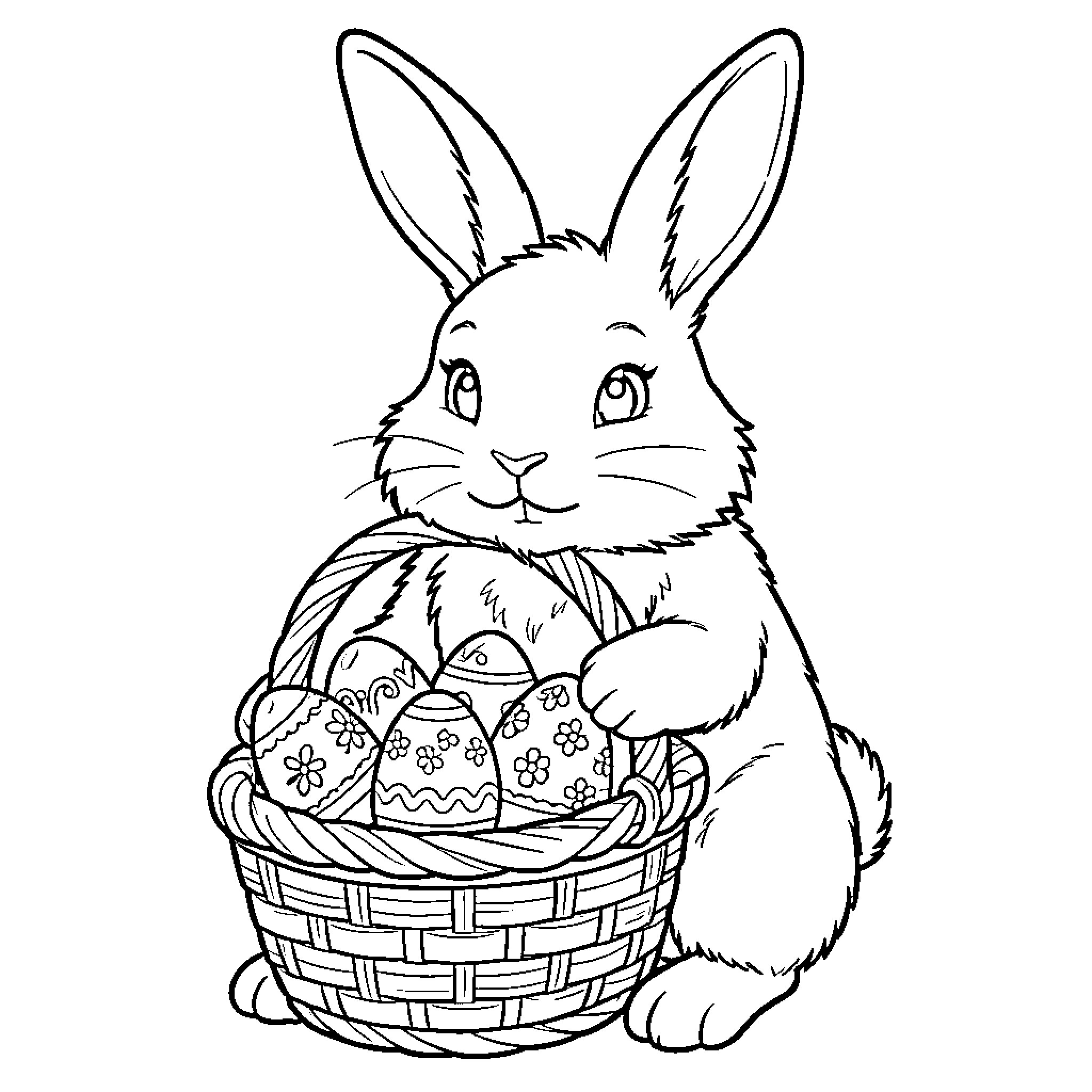 Bunny holding a basket of decorated eggs Coloring Page (free black-and-white line drawing printable PDF for all, from beginners to advanced learners, including children, teens, adults, and seniors)