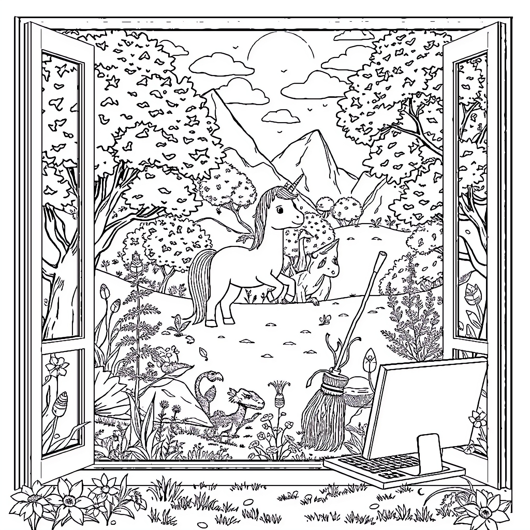 Unicorn prancing through enchanted forest landscape Coloring Page (free black-and-white line drawing printable PDF for all, from beginners to advanced learners, including children, teens, adults, and seniors)