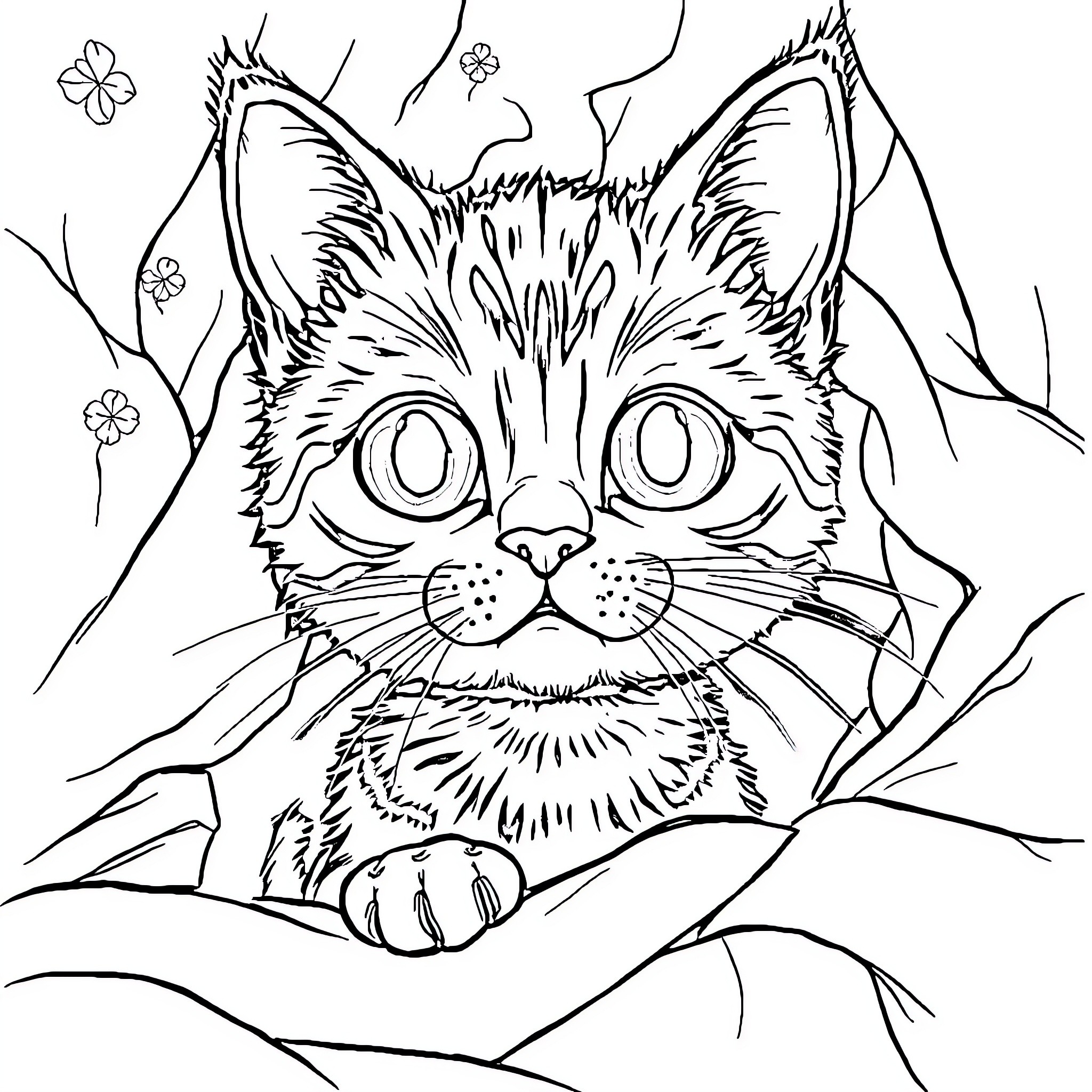 Cat in abstract floral surroundings Coloring Page (free black-and-white line drawing printable PDF for all, from beginners to advanced learners, including children, teens, adults, and seniors)