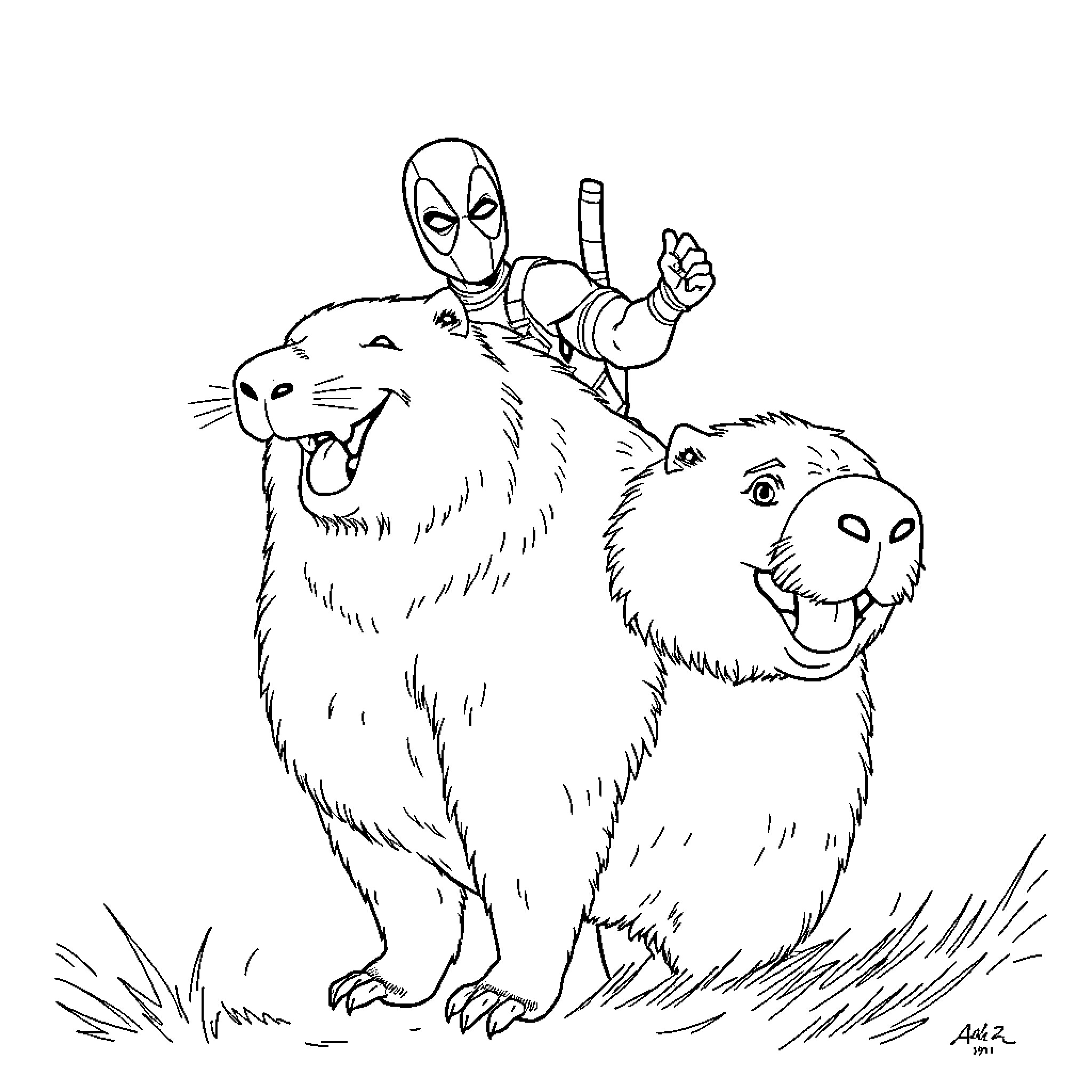 Deadpool riding playfully on large furry creatures Coloring Page (free black-and-white line drawing printable PDF for all, from beginners to advanced learners, including children, teens, adults, and seniors)