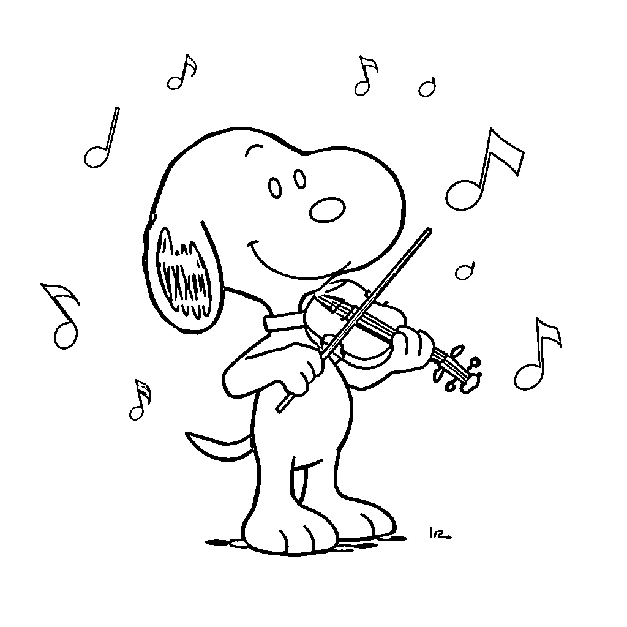 Snoopy playing joyfully with a violin Coloring Page (free black-and-white line drawing printable PDF for all, from beginners to advanced learners, including children, teens, adults, and seniors)