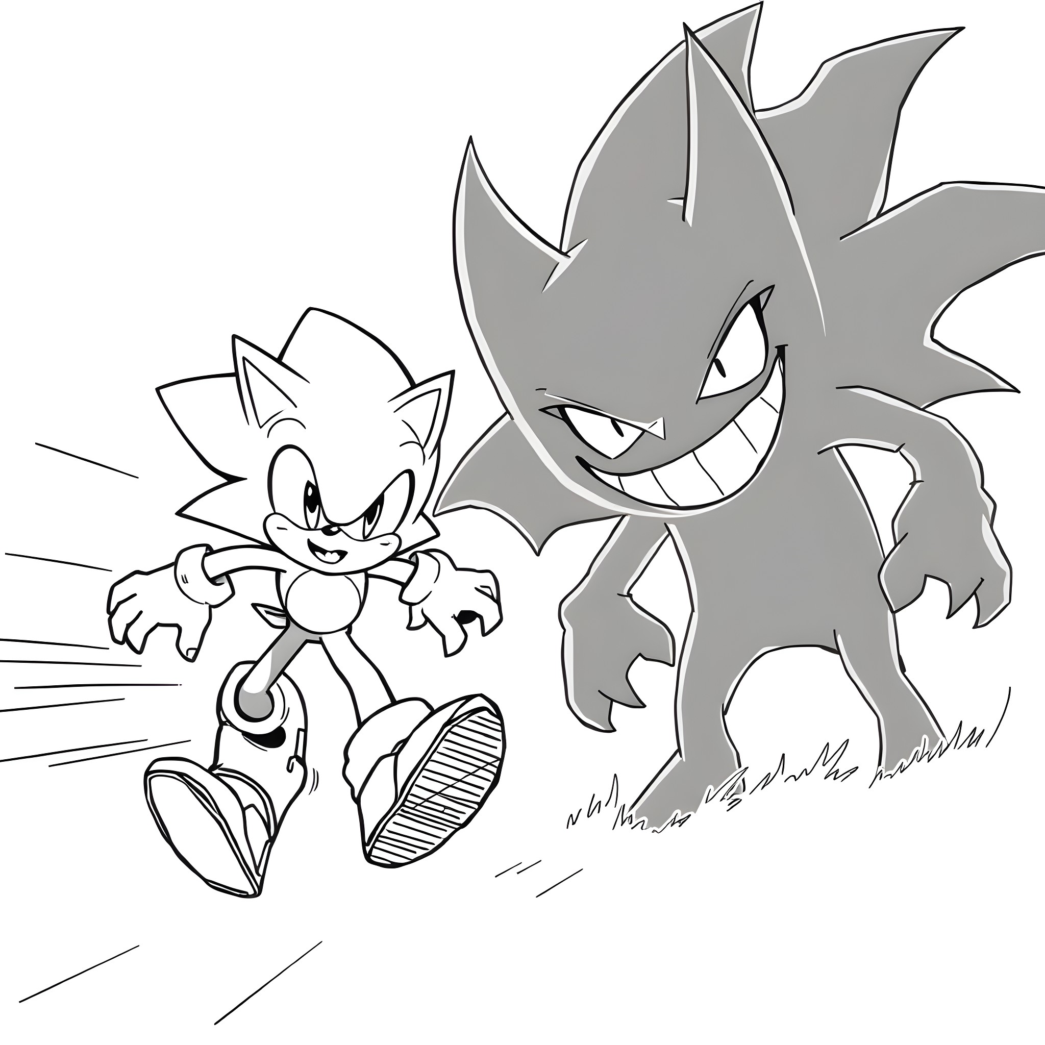 Sonic Racing Fiercely with a Ghostly Companion Coloring Page (free black-and-white line drawing printable PDF for all, from beginners to advanced learners, including children, teens, adults, and seniors)