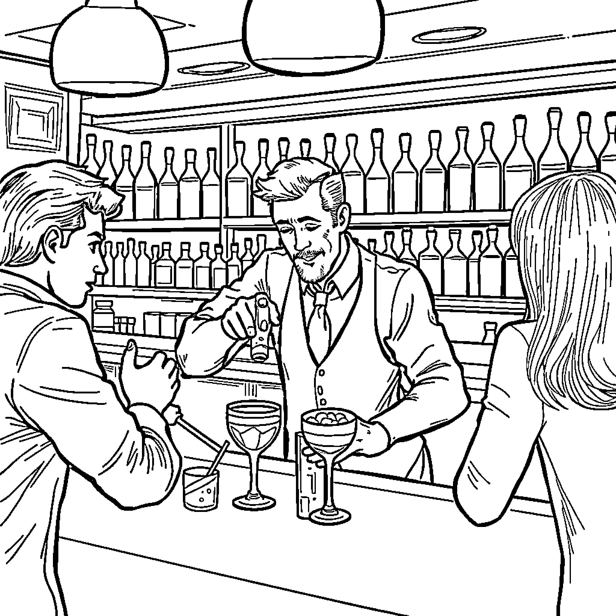 Barman serving drinks to customers at the bar Coloring Page (free black-and-white line drawing printable PDF for all, from beginners to advanced learners, including children, teens, adults, and seniors)