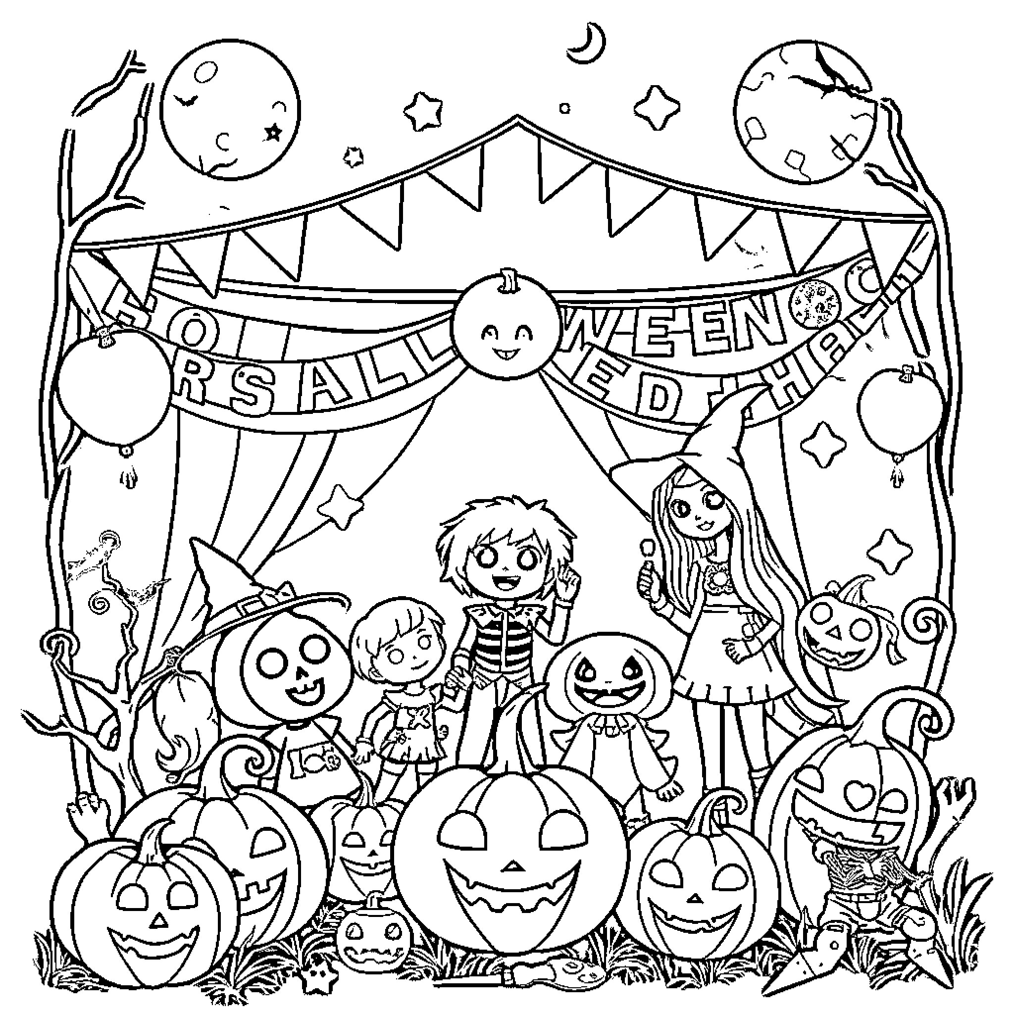 Halloween Fun with Spooky Costumes and Decorations Coloring Page (free black-and-white line drawing printable PDF for all, from beginners to advanced learners, including children, teens, adults, and seniors)