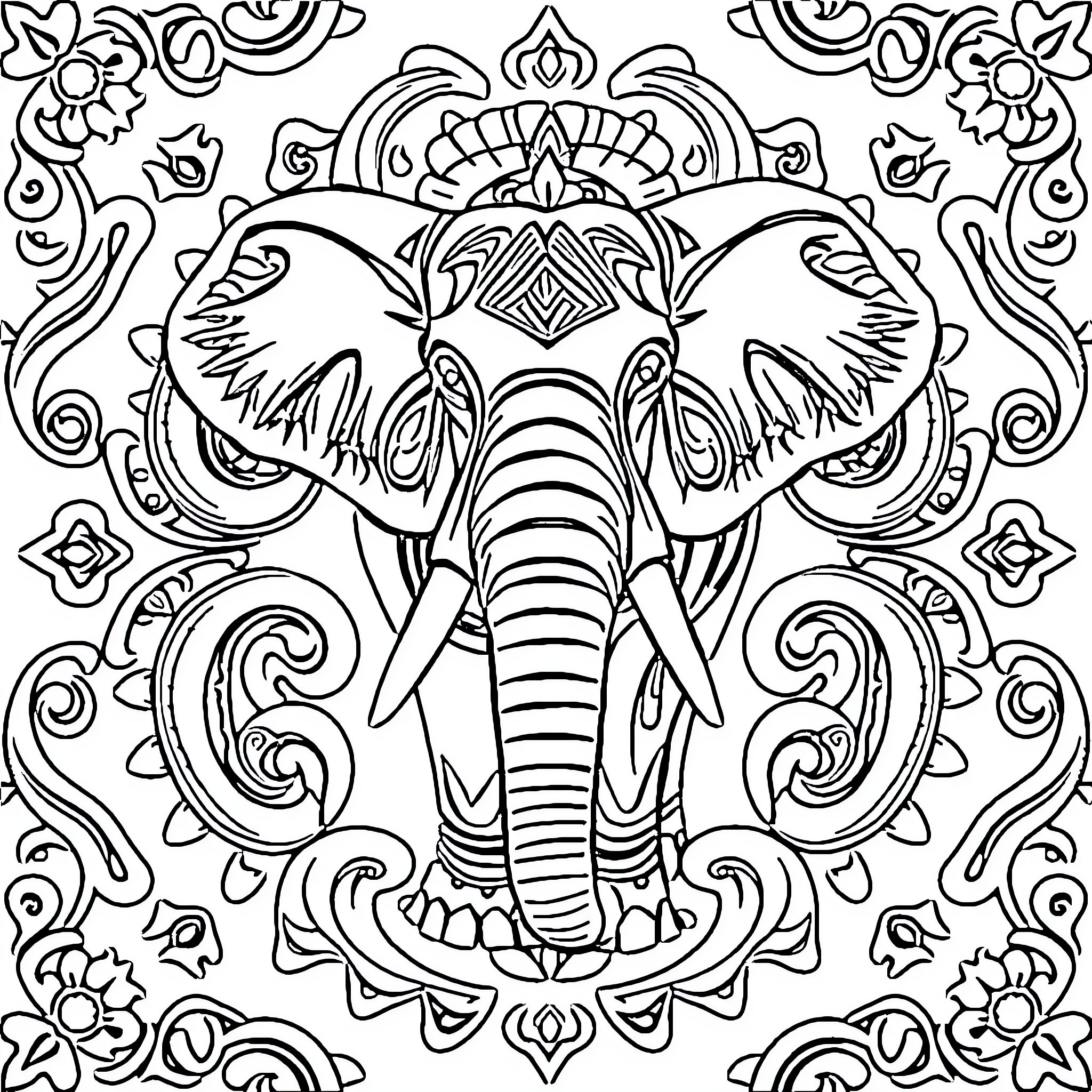 Elephant with intricate floral ornamental design Coloring Page (free black-and-white line drawing printable PDF for all, from beginners to advanced learners, including children, teens, adults, and seniors)