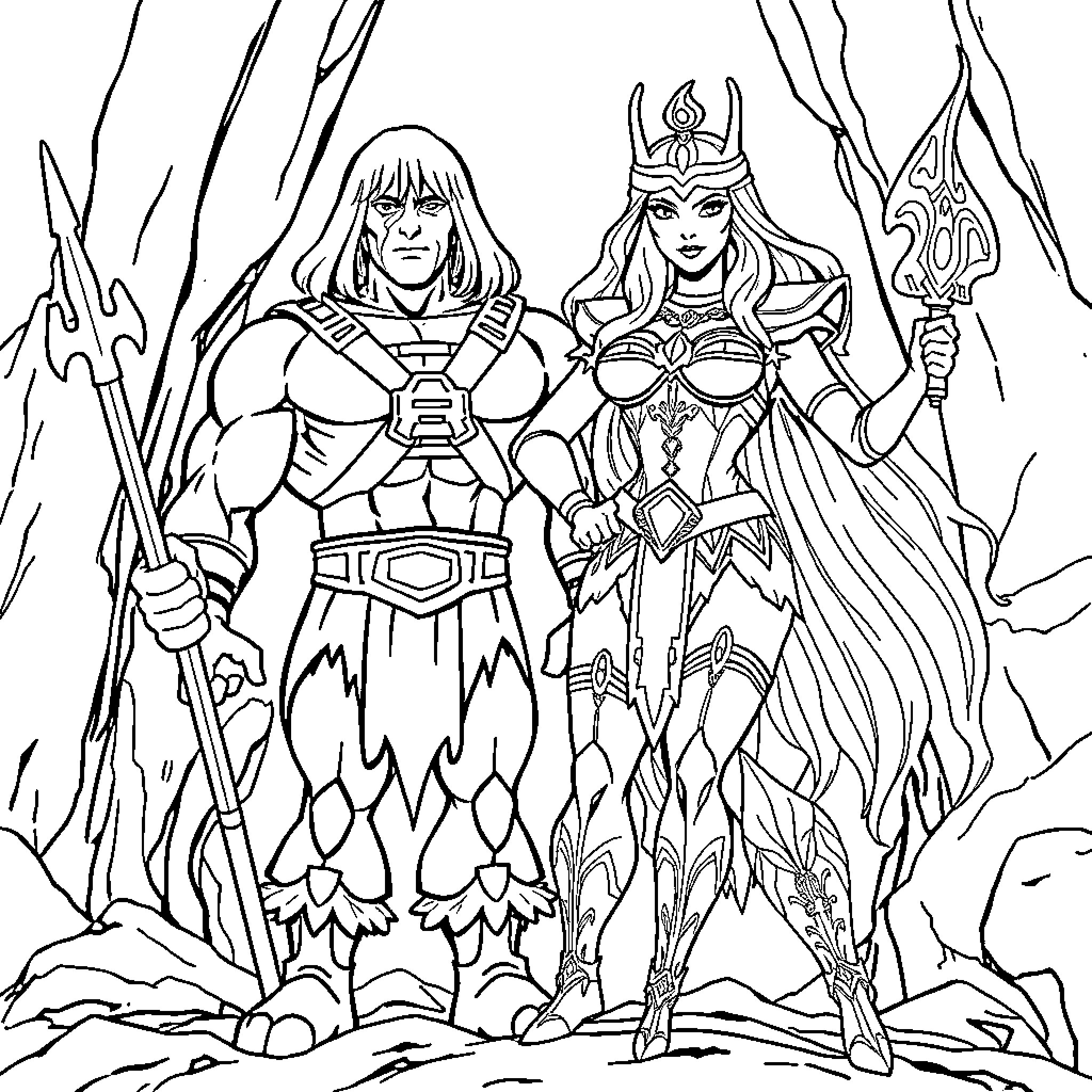 Heman and the Powerful Warrior Princess in Action Coloring Page (free black-and-white line drawing printable PDF for all, from beginners to advanced learners, including children, teens, adults, and seniors)