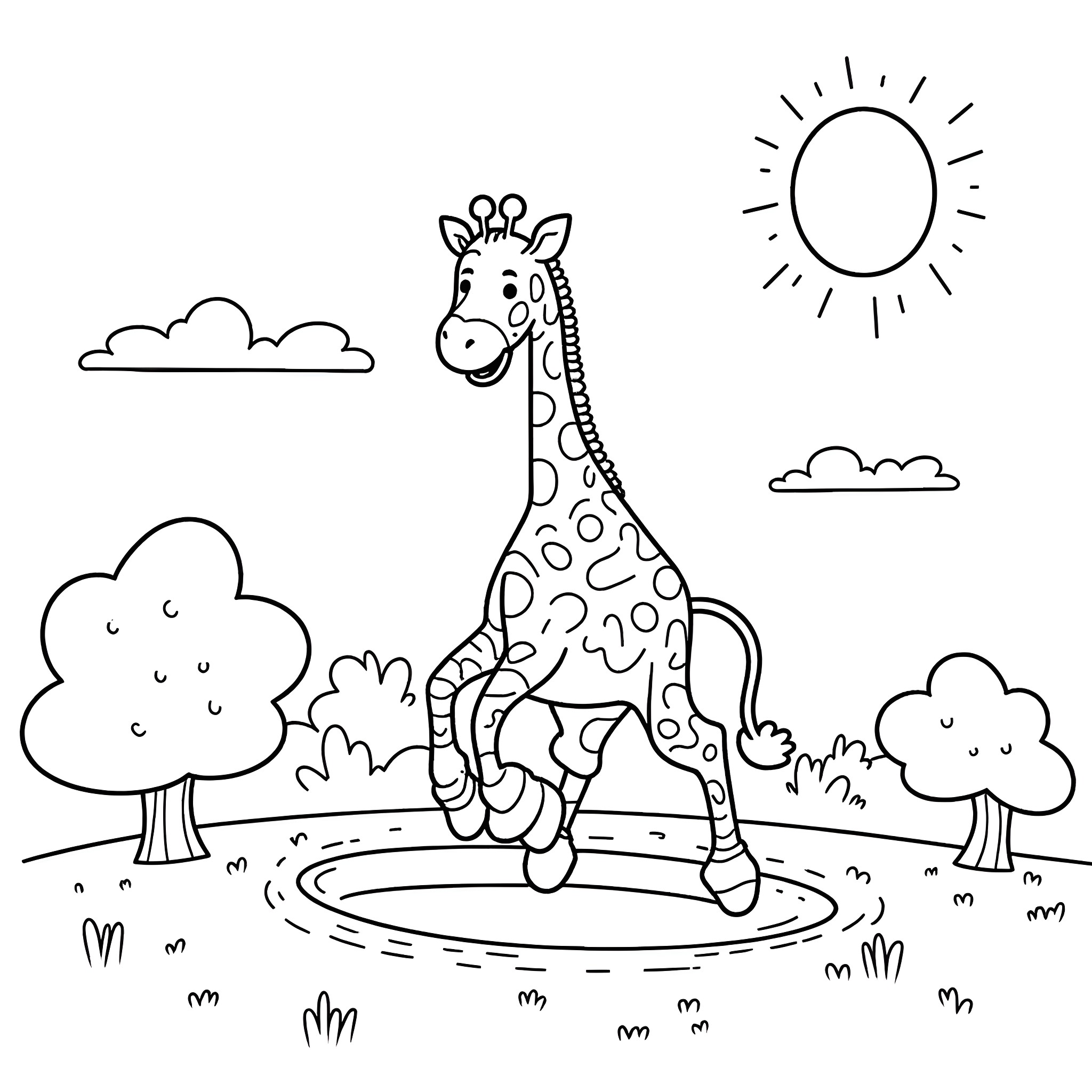 Giraffe enjoying a sunny day in the park Coloring Page (free black-and-white line drawing printable PDF for all, from beginners to advanced learners, including children, teens, adults, and seniors)