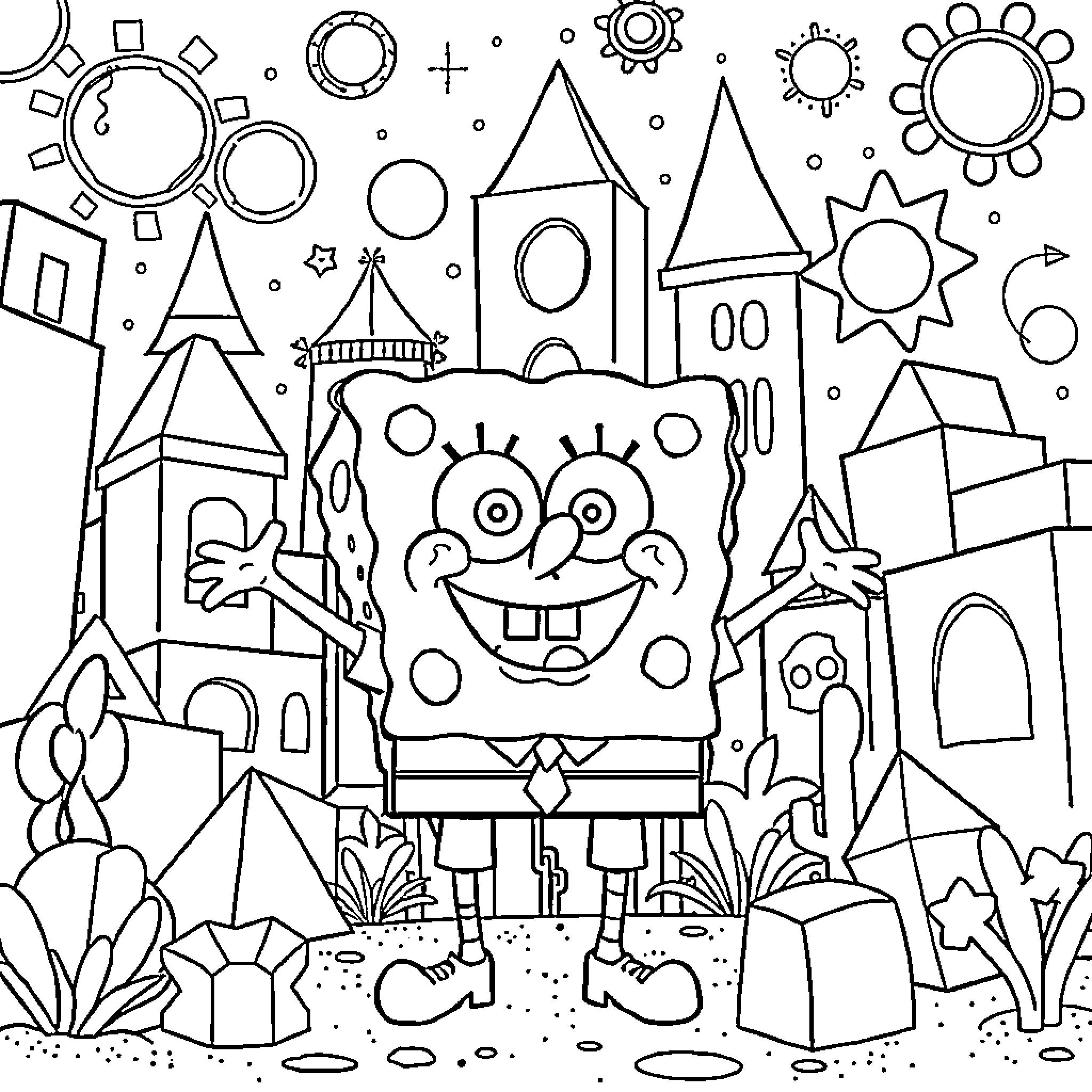 Spongebob's Geometric Adventures in Bikini Bottom Coloring Page (free black-and-white line drawing printable PDF for all, from beginners to advanced learners, including children, teens, adults, and seniors)