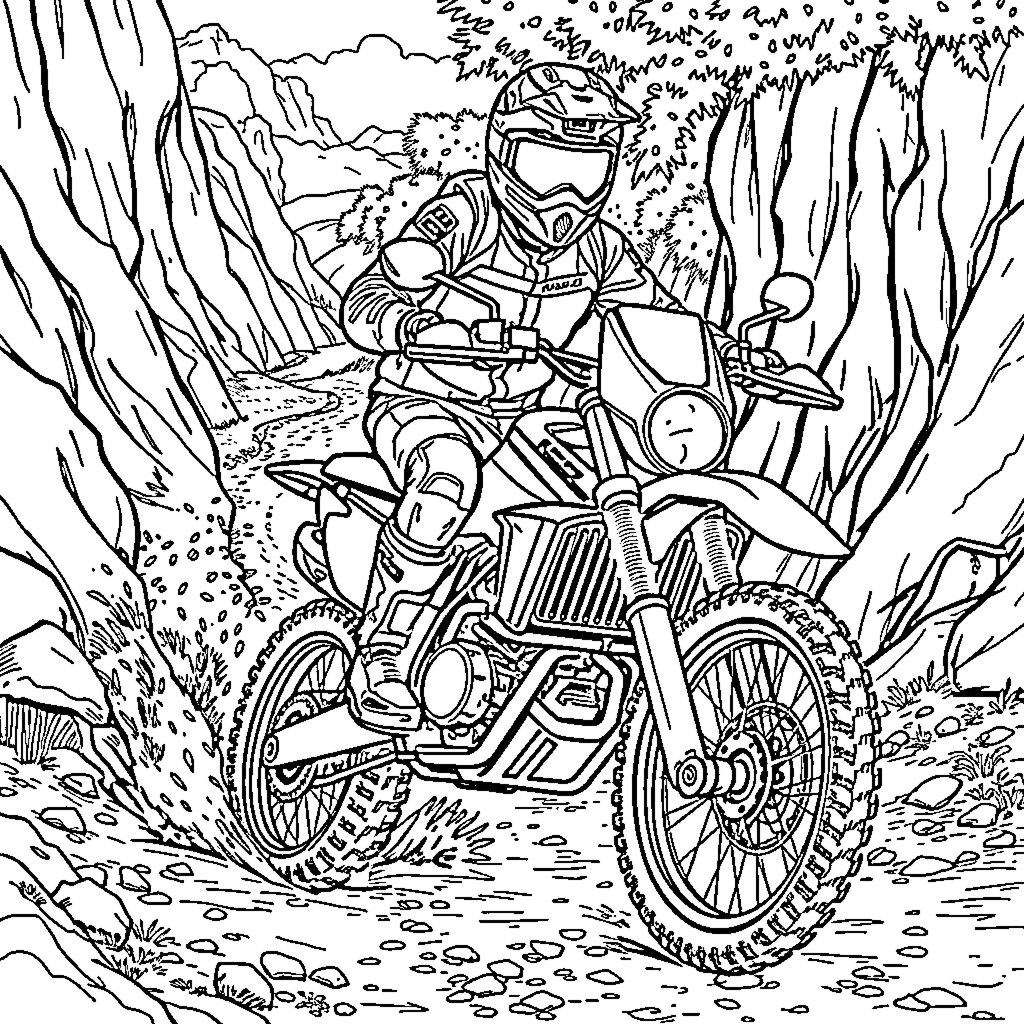 Motocross rider tackling a rugged terrain Coloring Page (free black-and-white line drawing printable PDF for all, from beginners to advanced learners, including children, teens, adults, and seniors)