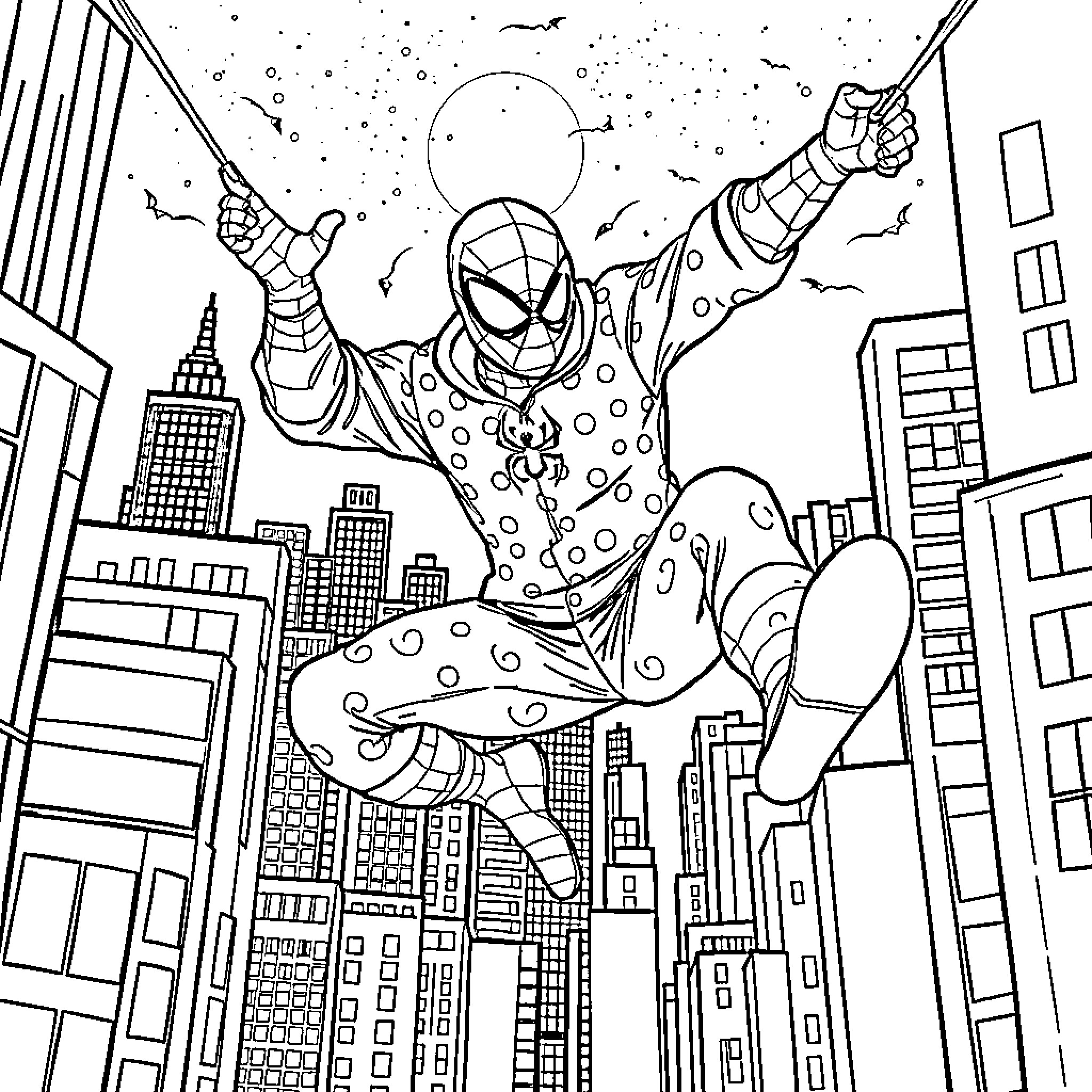 Spiderman swinging through the city skyline Coloring Page (free black-and-white line drawing printable PDF for all, from beginners to advanced learners, including children, teens, adults, and seniors)