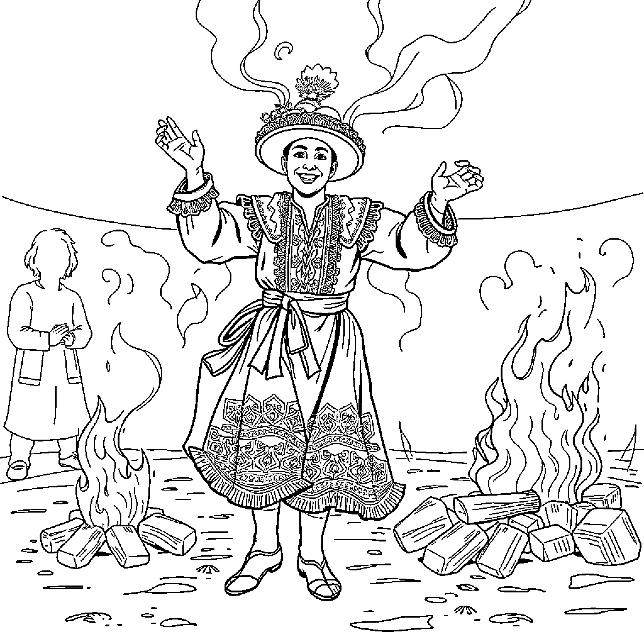 Kuker in ritual dance with fire and smoke Coloring Page (free black-and-white line drawing printable PDF for all, from beginners to advanced learners, including children, teens, adults, and seniors)