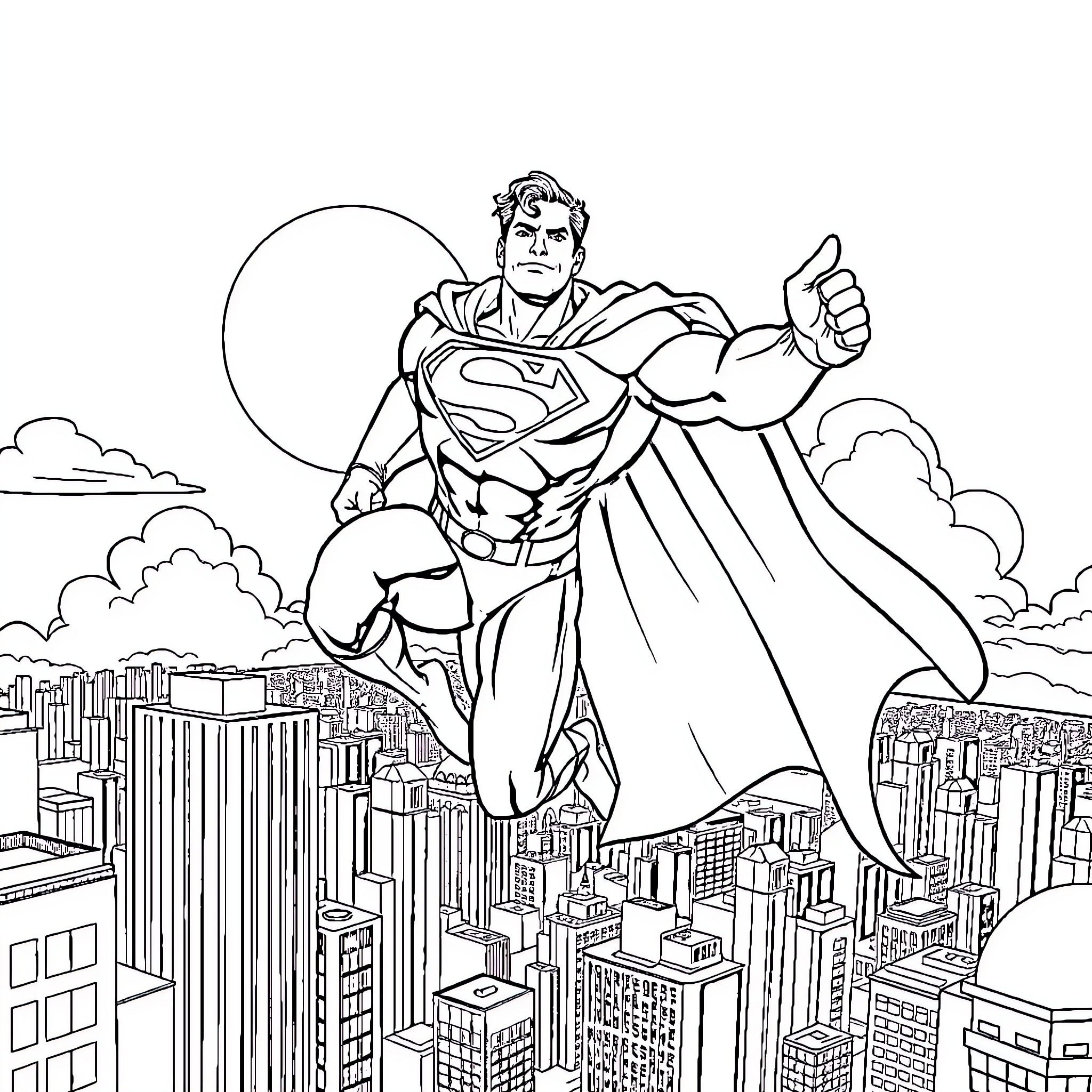 Superman soaring over the city skyline Coloring Page (free black-and-white line drawing printable PDF for all, from beginners to advanced learners, including children, teens, adults, and seniors)