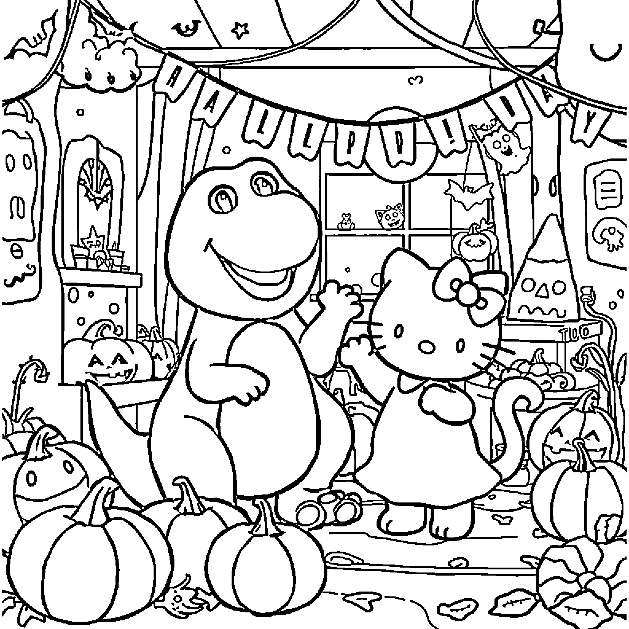 Barney's Spooky Halloween Party Coloring Page (free black-and-white line drawing printable PDF for all, from beginners to advanced learners, including children, teens, adults, and seniors)