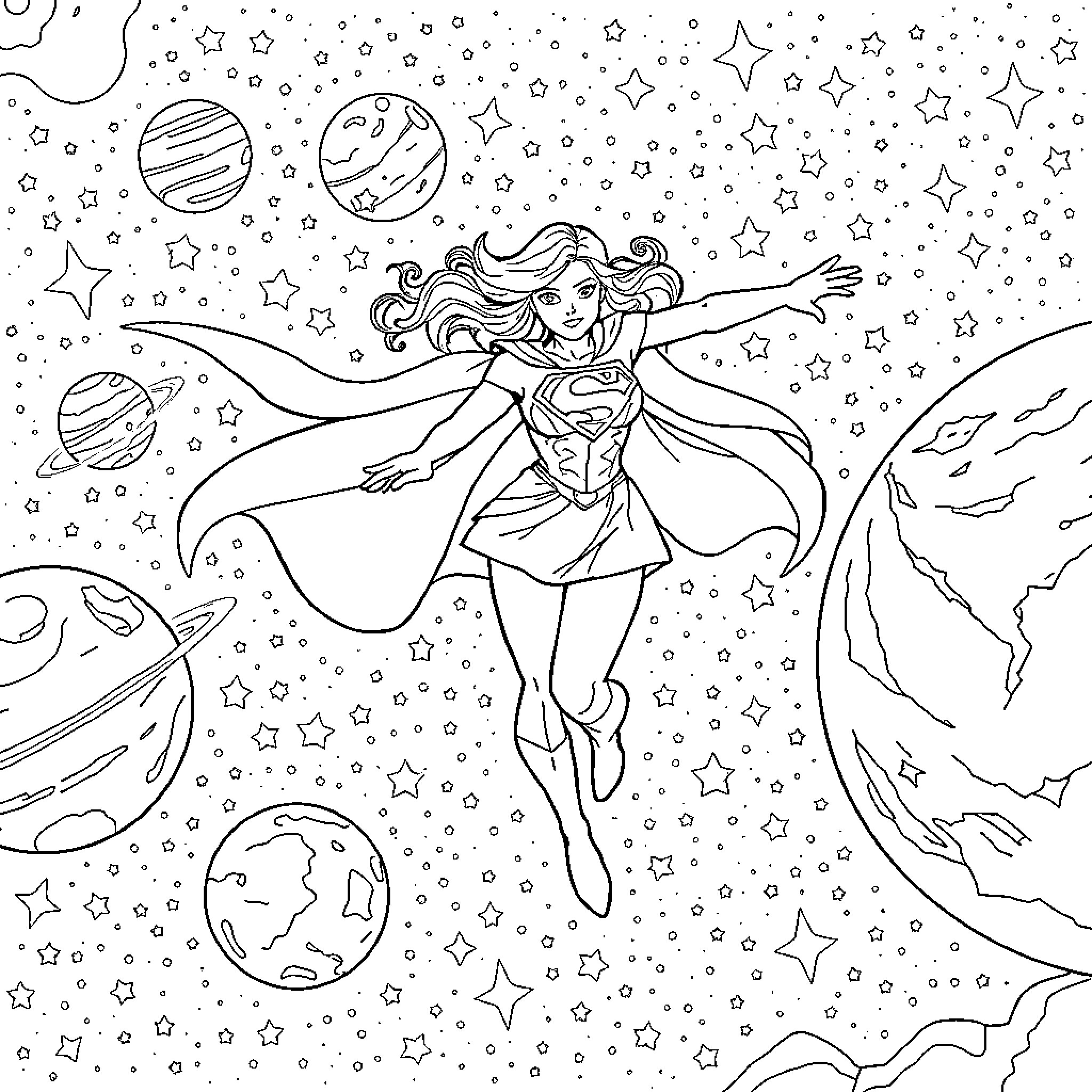 Supergirl Soaring Through Cosmic Starscape Coloring Page (free black-and-white line drawing printable PDF for all, from beginners to advanced learners, including children, teens, adults, and seniors)