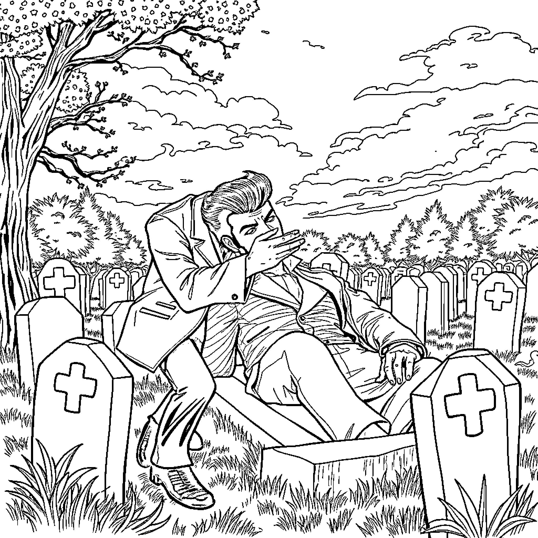 Ren mourns at a somber gravesite Coloring Page (free black-and-white line drawing printable PDF for all, from beginners to advanced learners, including children, teens, adults, and seniors)