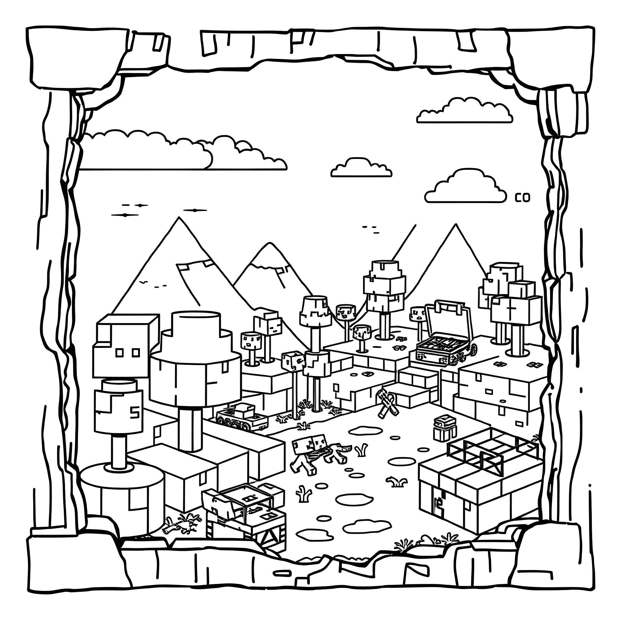 Minecraft Cityscape with Iconic Landmarks Coloring Page (free black-and-white line drawing printable PDF for all, from beginners to advanced learners, including children, teens, adults, and seniors)