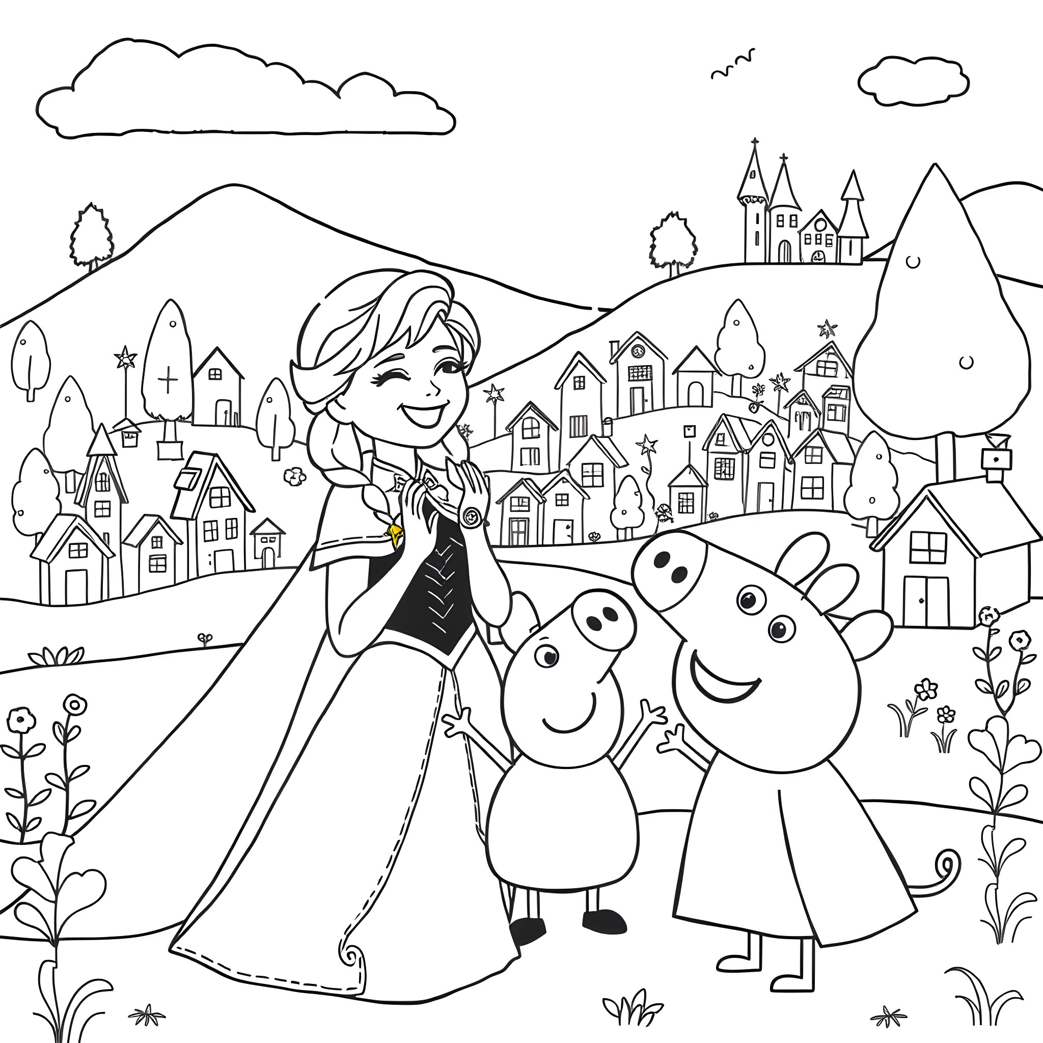 Anna plays with her friends in the village Coloring Page (free black-and-white line drawing printable PDF for all, from beginners to advanced learners, including children, teens, adults, and seniors)