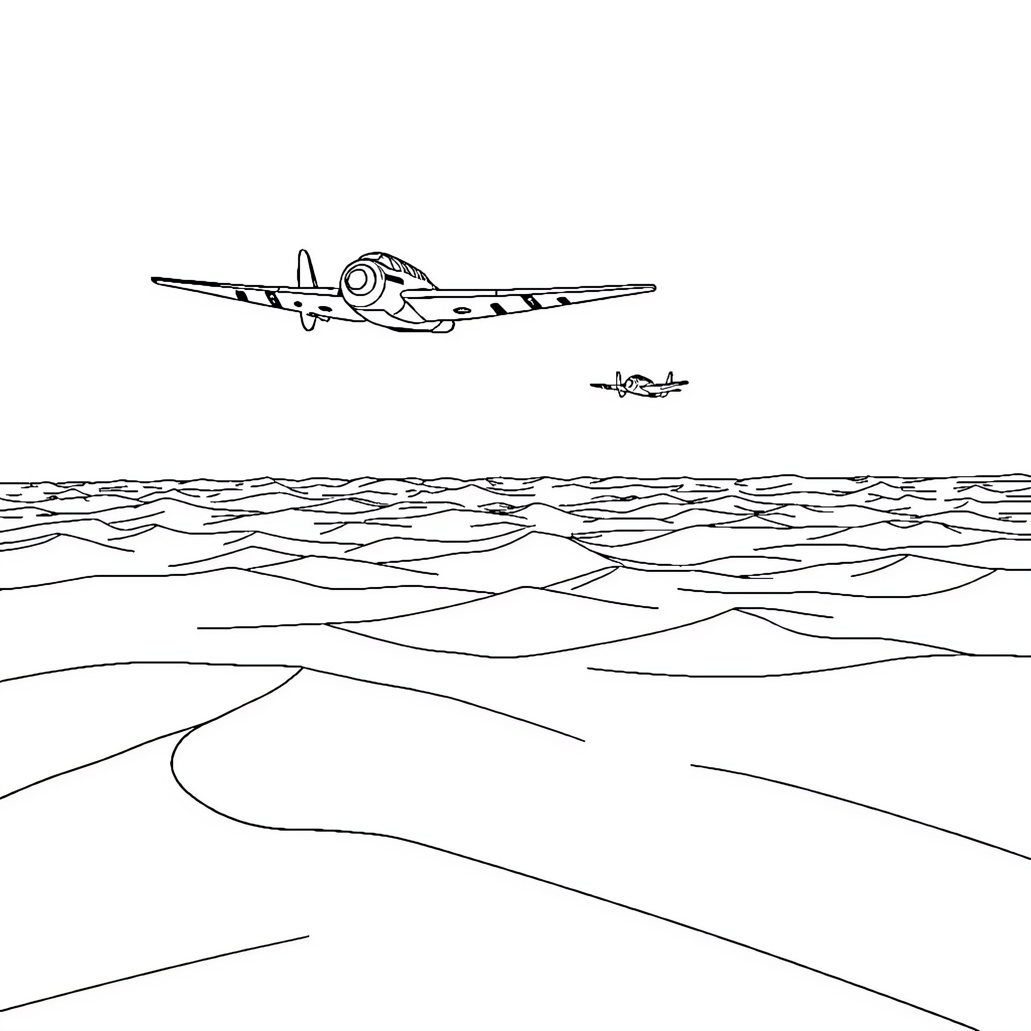 War Plane Soaring Over Turbulent Seas Coloring Page (free black-and-white line drawing printable PDF for all, from beginners to advanced learners, including children, teens, adults, and seniors)