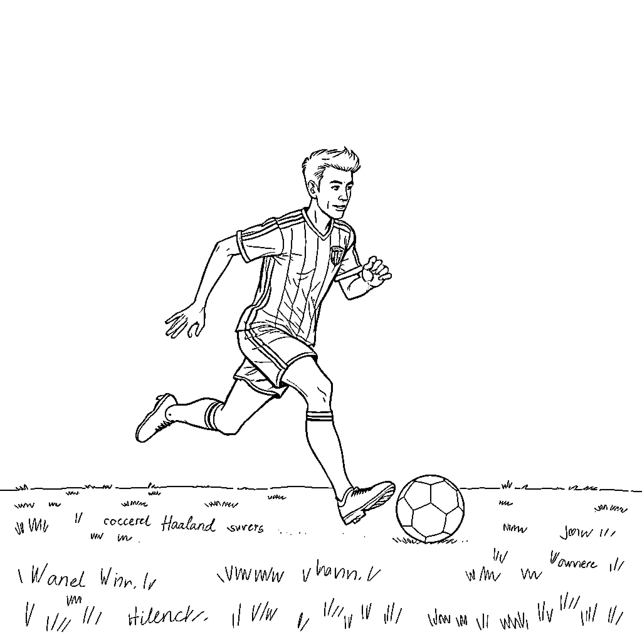 Haaland scoring a goal on the soccer field Coloring Page (free black-and-white line drawing printable PDF for all, from beginners to advanced learners, including children, teens, adults, and seniors)
