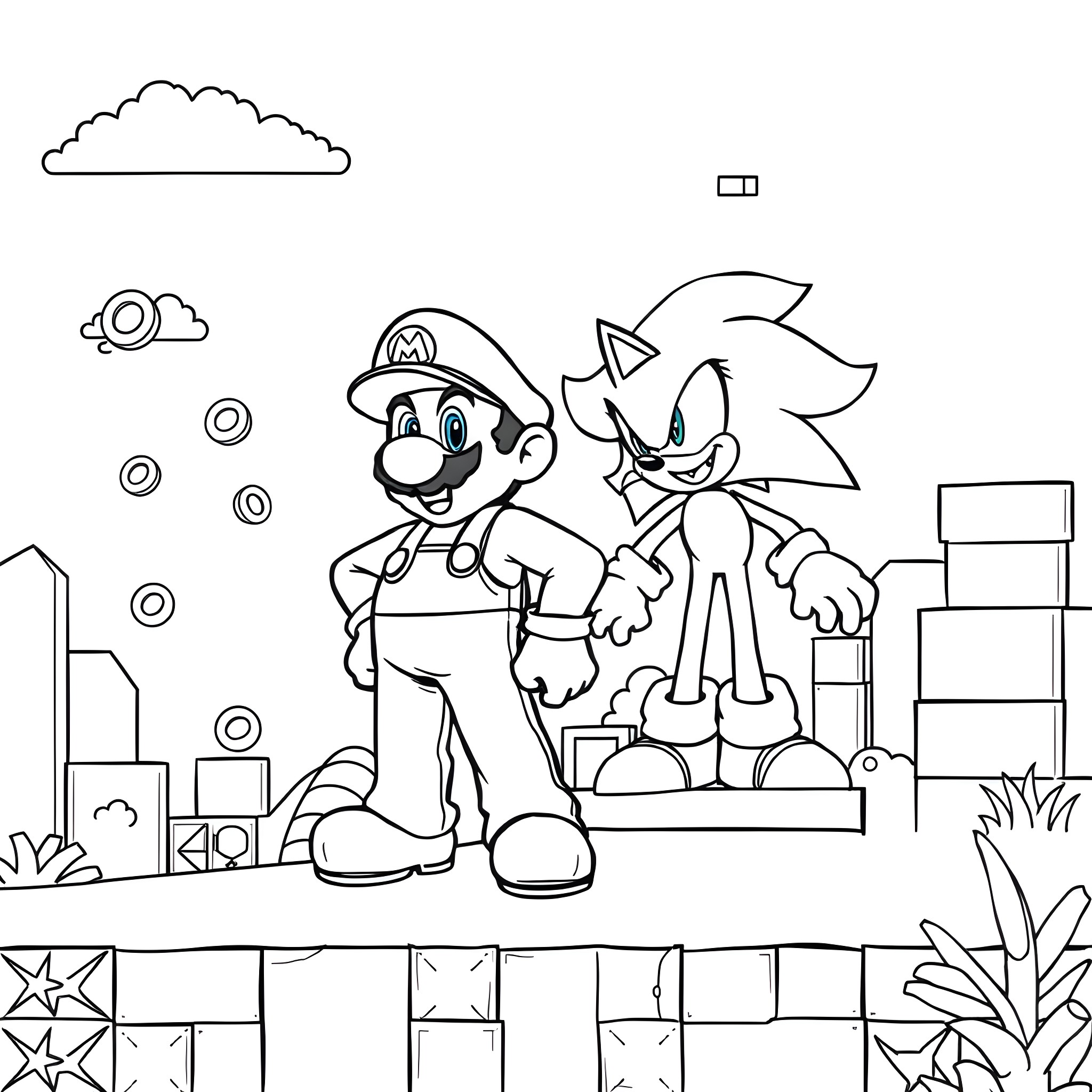 Super Mario and Sonic the Hedgehog Adventure Coloring Page (free black-and-white line drawing printable PDF for all, from beginners to advanced learners, including children, teens, adults, and seniors)