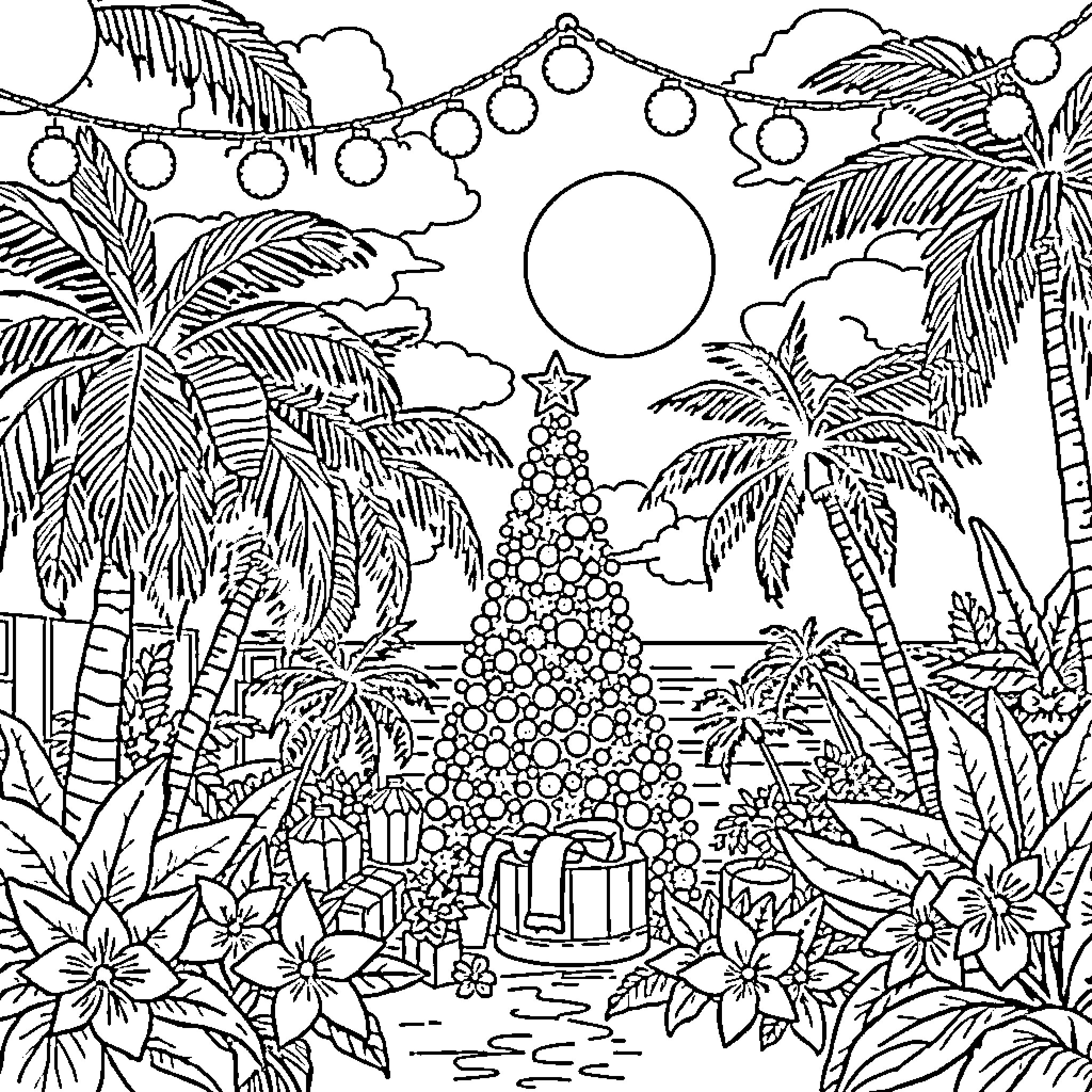 Hawaiian Christmas festive scene with palm trees and decorations Coloring Page (free black-and-white line drawing printable PDF for all, from beginners to advanced learners, including children, teens, adults, and seniors)