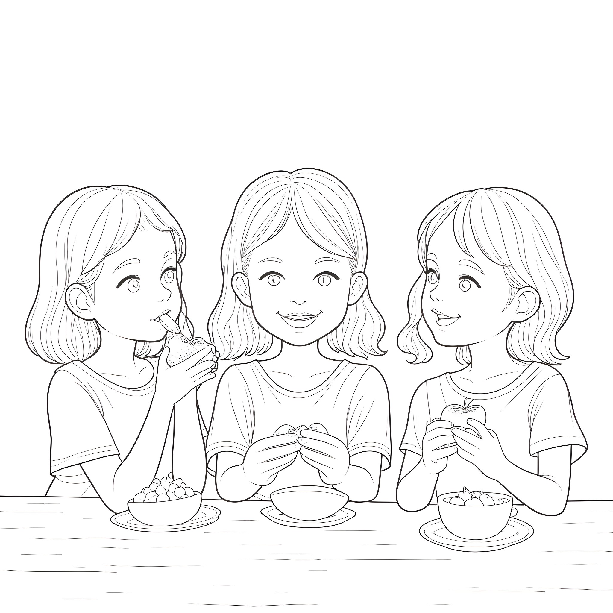 Girls enjoying a meal together Coloring Page (free black-and-white line drawing printable PDF for all, from beginners to advanced learners, including children, teens, adults, and seniors)