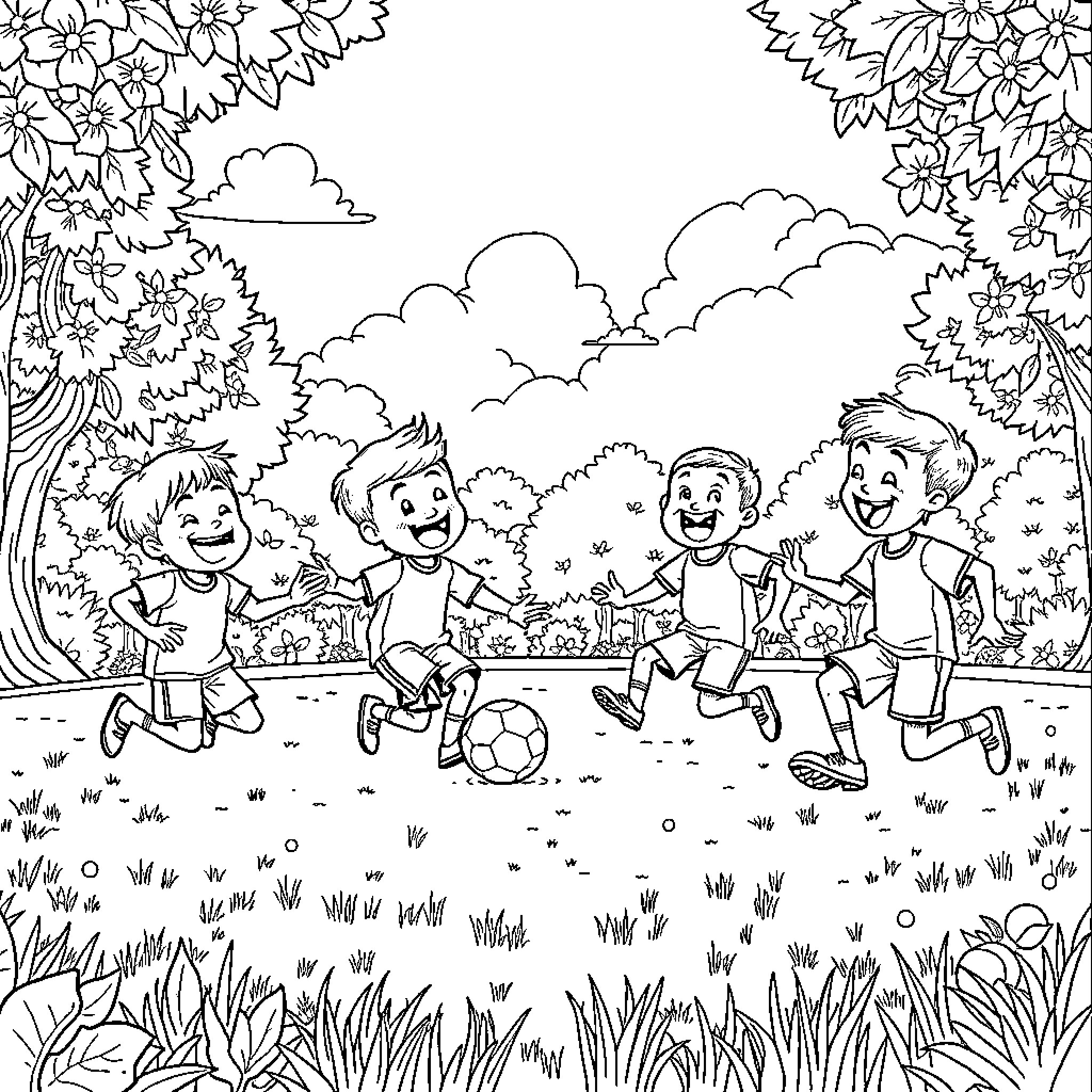 Tung Tung Children Playing Soccer in the Park Coloring Page (free black-and-white line drawing printable PDF for all, from beginners to advanced learners, including children, teens, adults, and seniors)