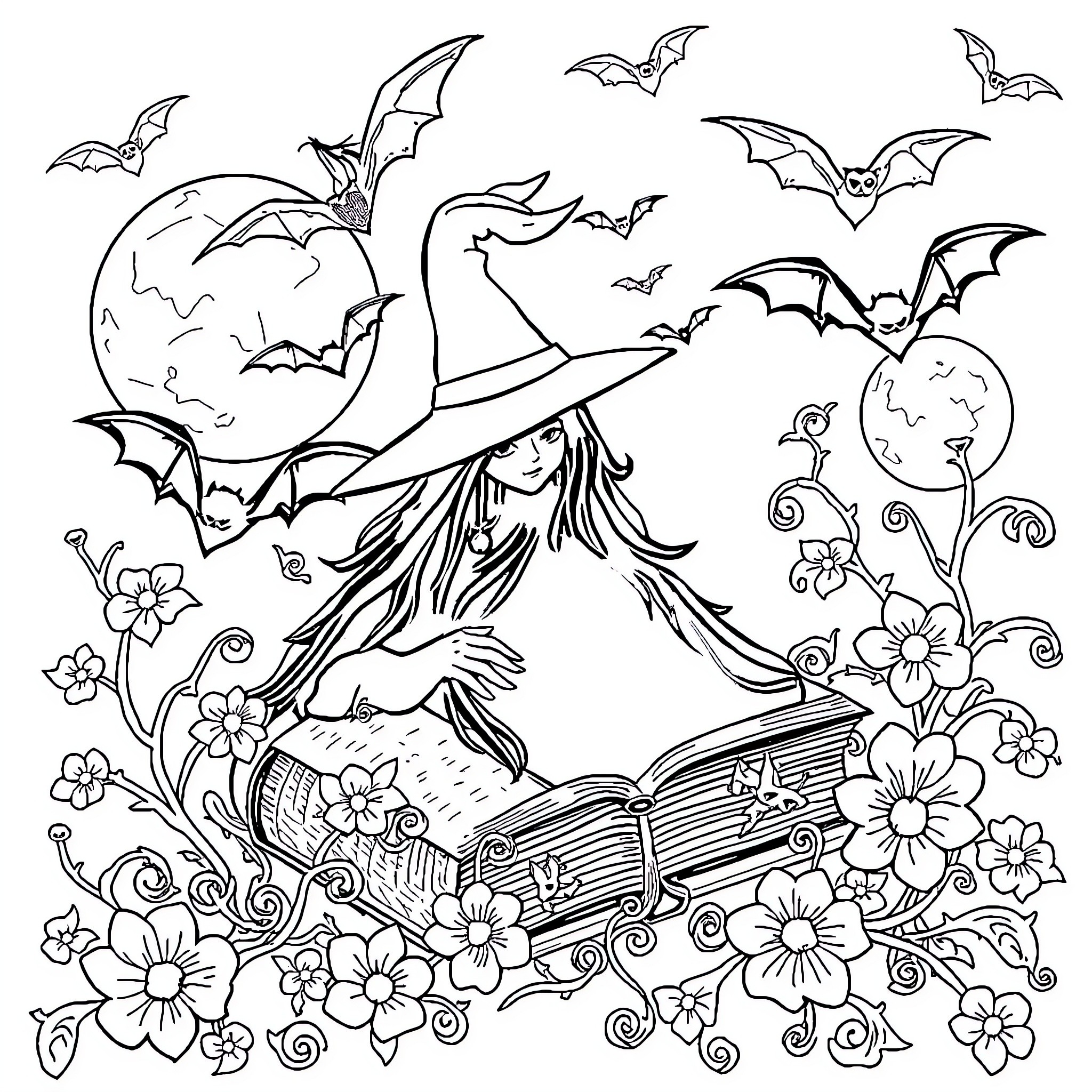 Witch casting spells with enchanted book and bats Coloring Page (free black-and-white line drawing printable PDF for all, from beginners to advanced learners, including children, teens, adults, and seniors)