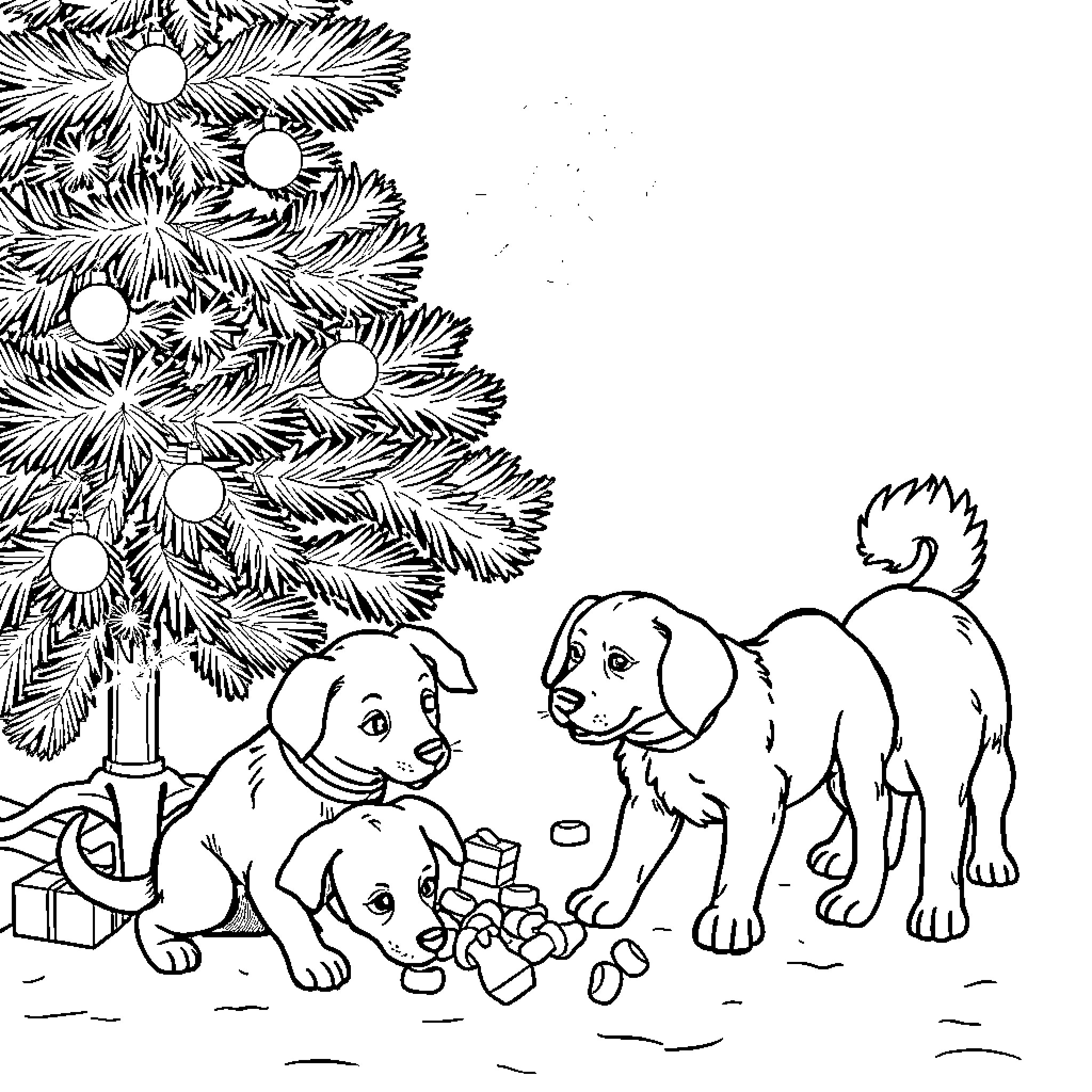 Dog Puppies Playing Near Christmas Tree Coloring Page (free black-and-white line drawing printable PDF for all, from beginners to advanced learners, including children, teens, adults, and seniors)