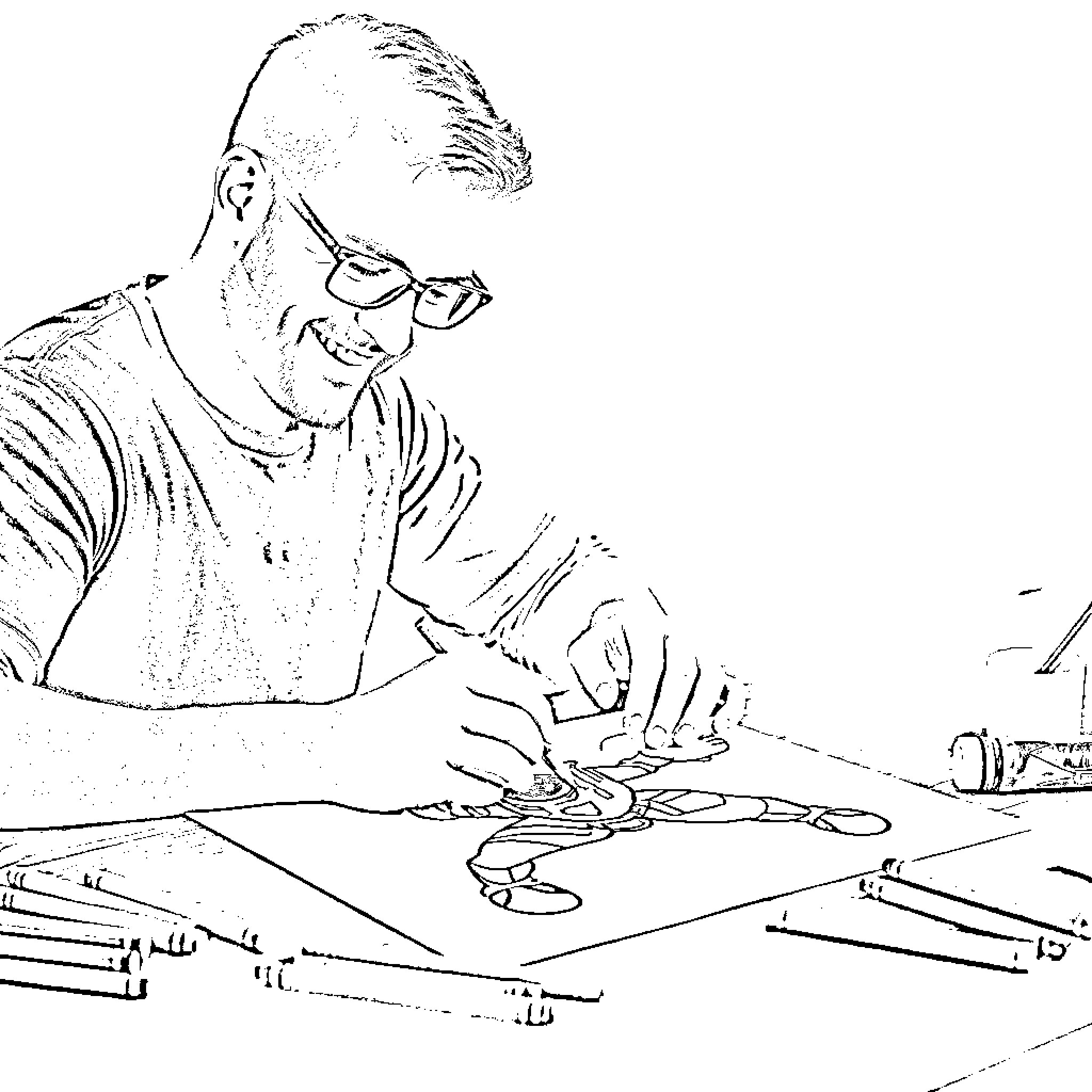 Power Ranger Artisan Crafting Intricate Designs Coloring Page (free black-and-white line drawing printable PDF for all, from beginners to advanced learners, including children, teens, adults, and seniors)