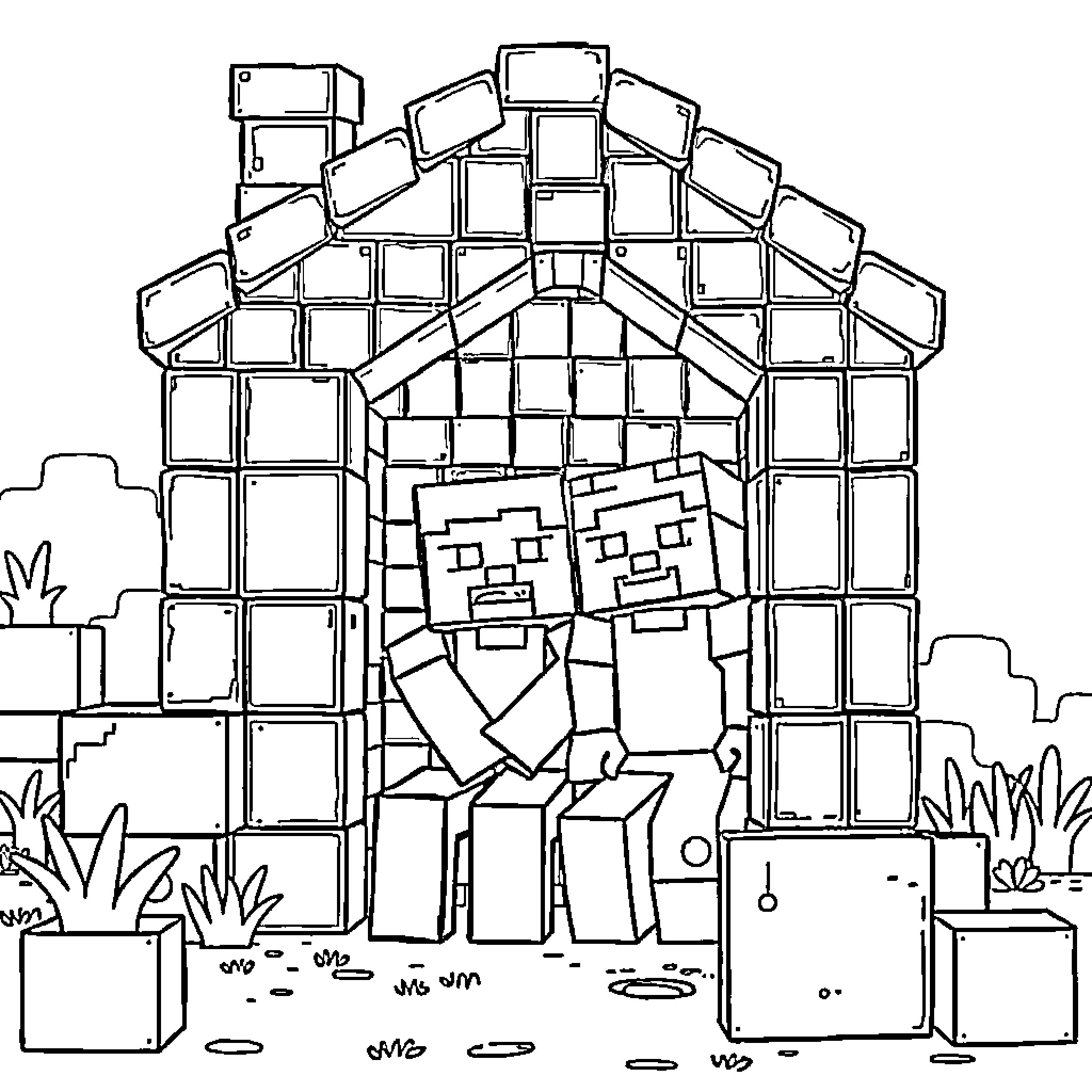Minecraft Characters Exploring a Blocky Structure Coloring Page (free black-and-white line drawing printable PDF for all, from beginners to advanced learners, including children, teens, adults, and seniors)