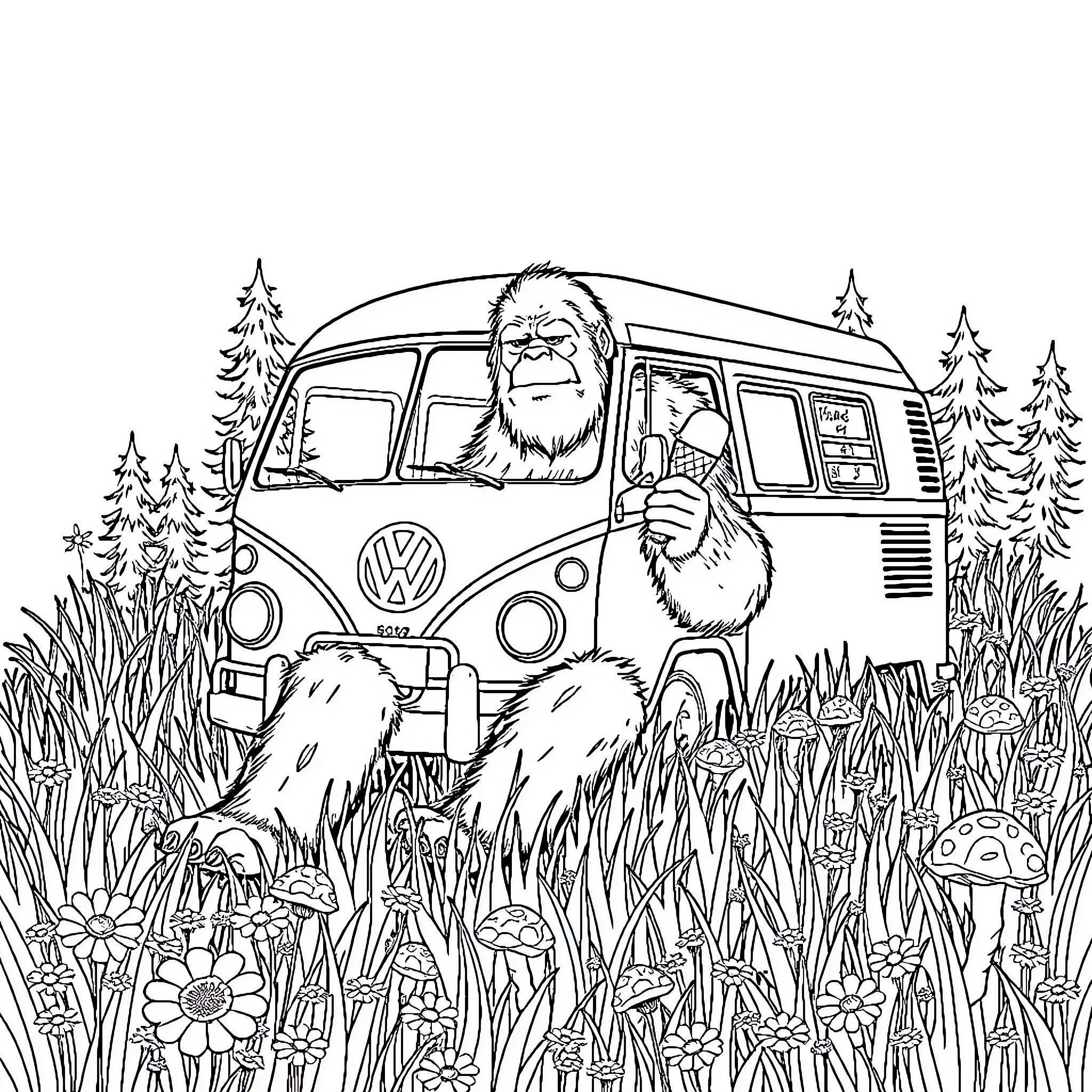 Bigfoot driving a retro van through the forest Coloring Page (free black-and-white line drawing printable PDF for all, from beginners to advanced learners, including children, teens, adults, and seniors)