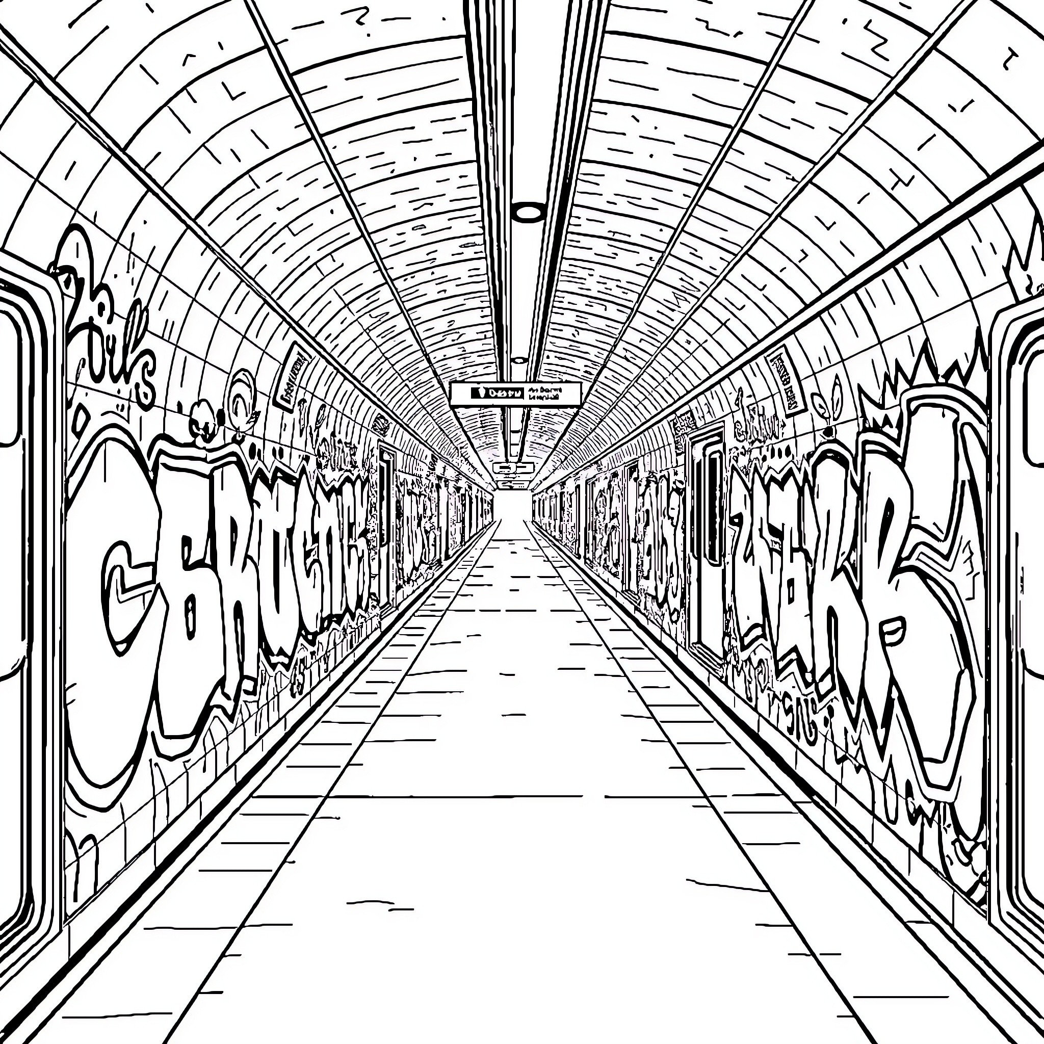 Graffiti-Filled Subway Tunnel with Dramatic Perspective Coloring Page (free black-and-white line drawing printable PDF for all, from beginners to advanced learners, including children, teens, adults, and seniors)